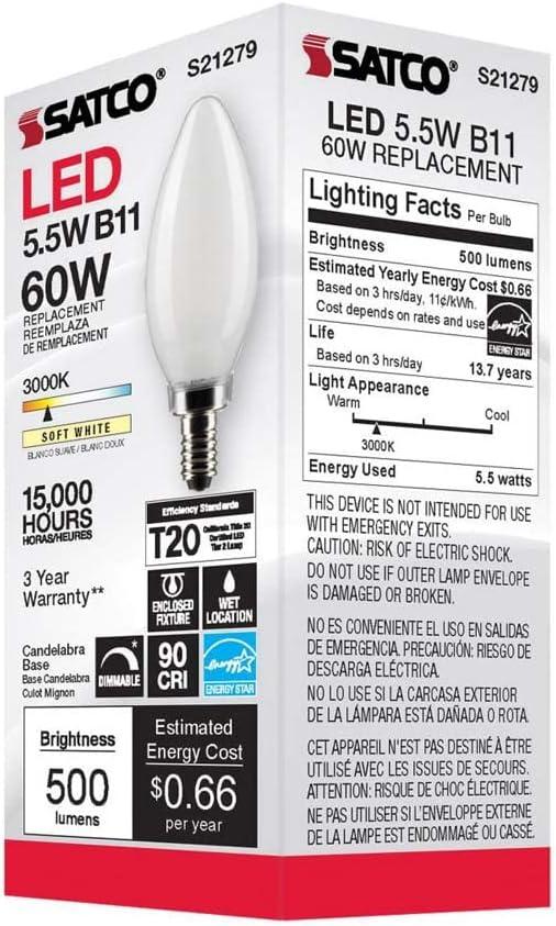 Satco Lighting 5.5 Watt Dimmable B11 Candelabra (E12) LED Bulb - 500 Lumens, And 90CRI S21279