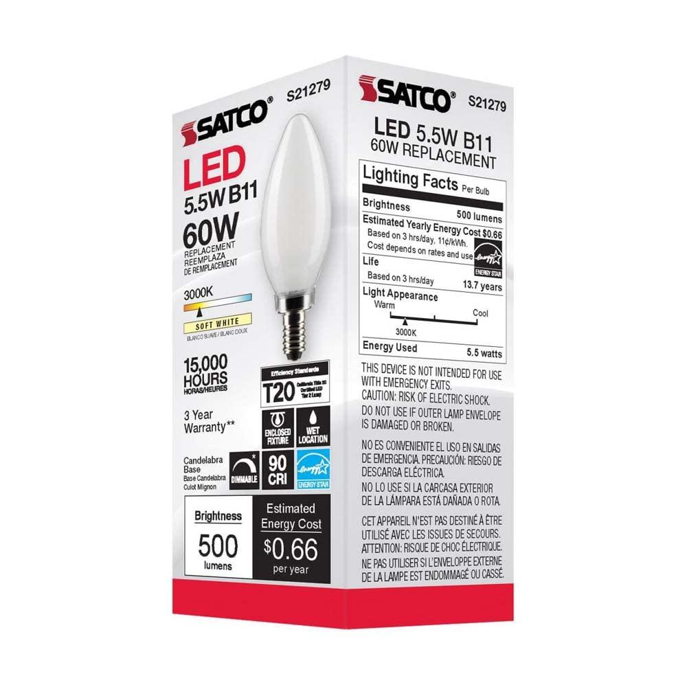 Satco Lighting 5.5 Watt Dimmable B11 Candelabra (E12) LED Bulb - 500 Lumens, And 90CRI S21279