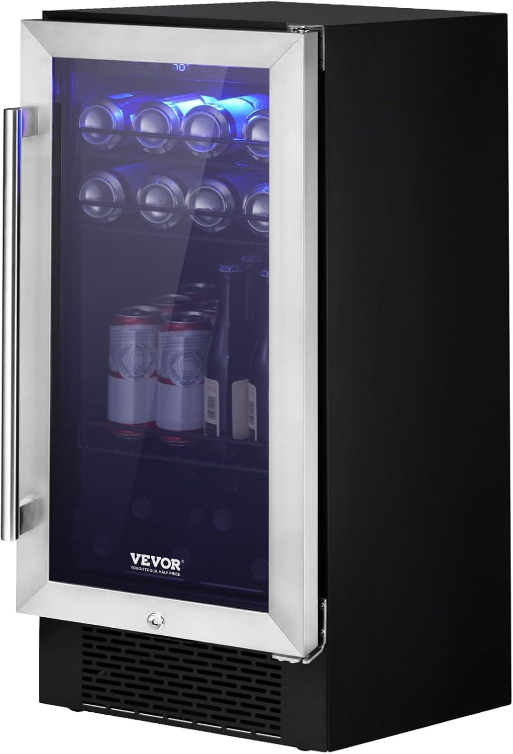 VEVOR Wine Cooler, 30 Bottles Capacity Under Counter Built-in or Freestanding Wine Refrigerator, Beverage Cooler with Blue LED Light, Single Door, Child Lock for Drink Beer Soda Wine Water, ETL Listed