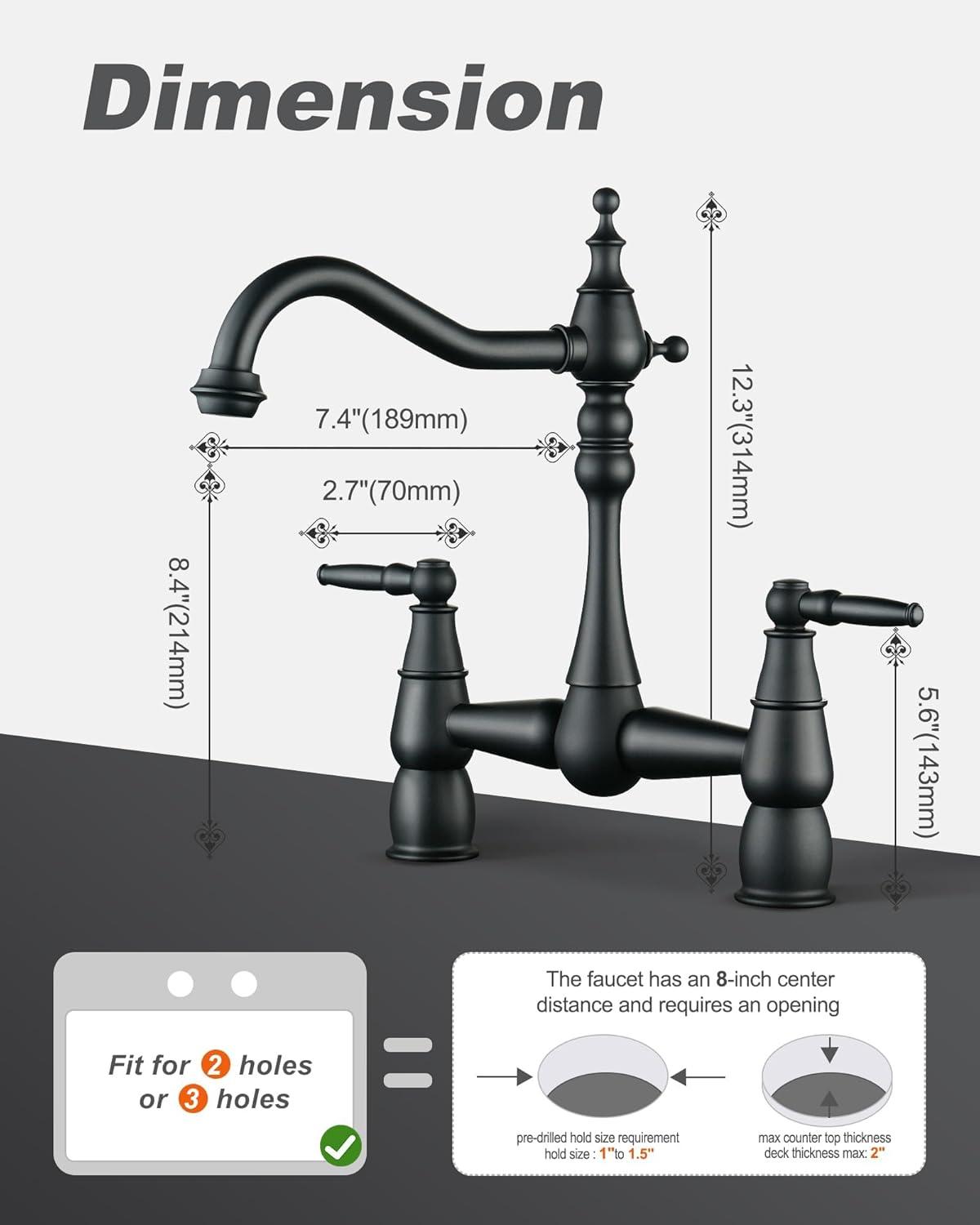 Double Handle Bridge Kitchen Faucet with Sink Hole Cover in Matte Black