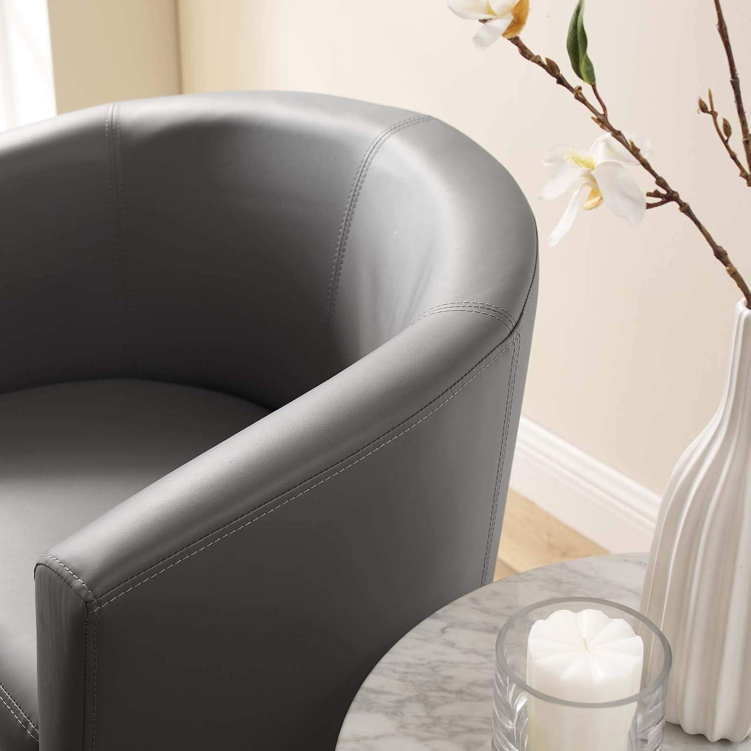 Streamlined Gray Faux Leather Barrel Armchair with Ottoman