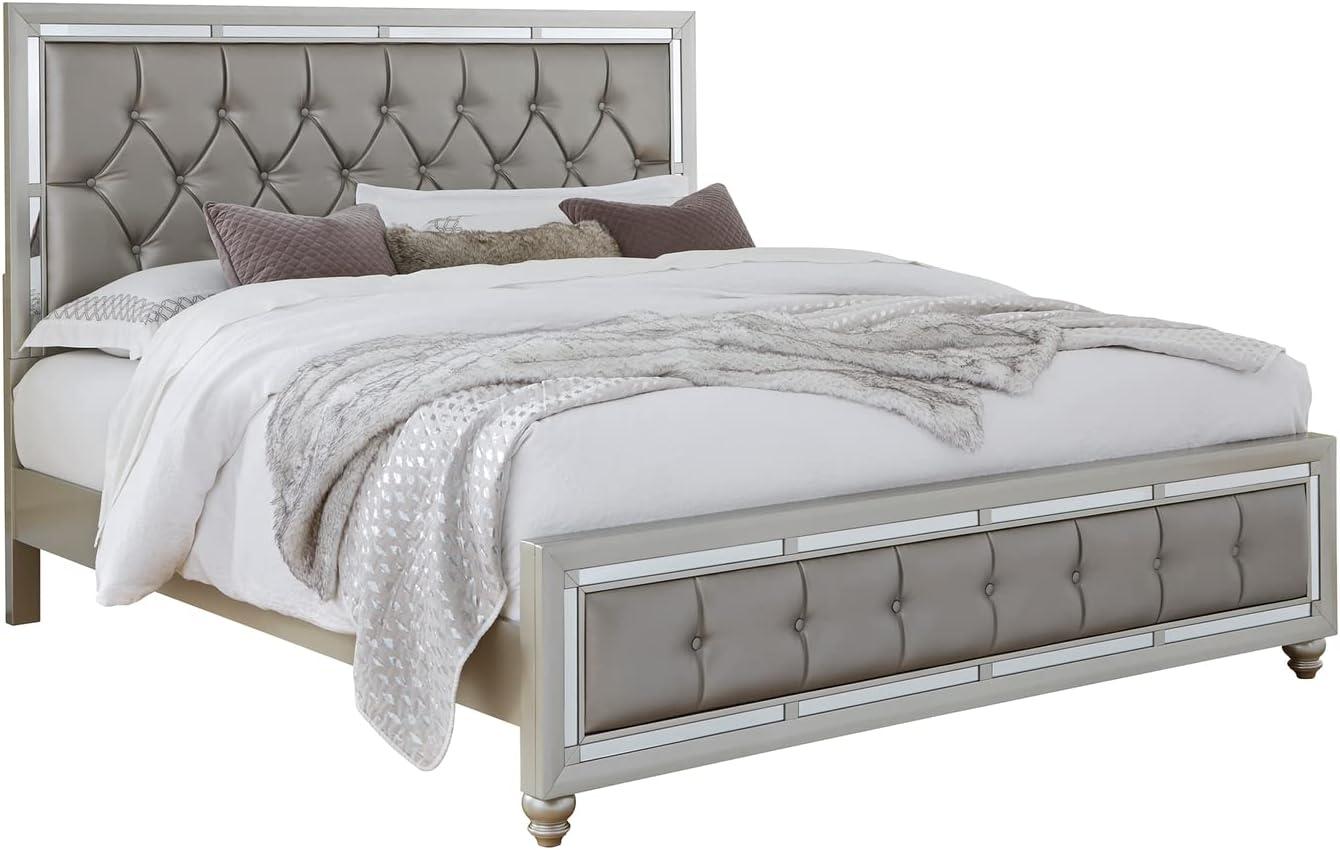 Elegant Silver Champagne Full Bed with Tufted Faux Leather Headboard