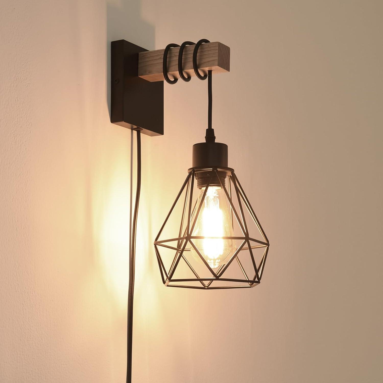 Black and Wood Plug-In Wall Sconce Set with Cage Shade