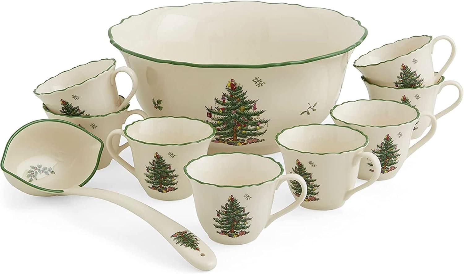 Spode Christmas Tree 10 Piece Porcelain Punch Bowl Set