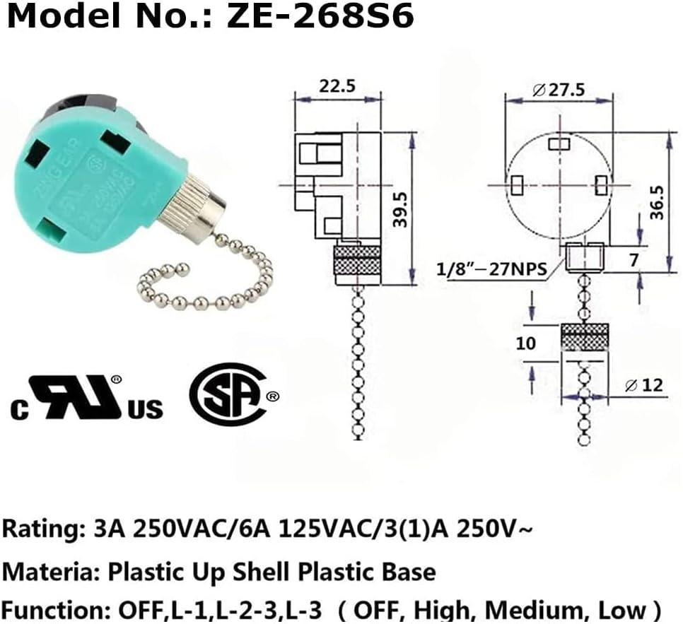 Ceiling Fan Switch 3 Speed 4 Wire ZE-268S6 ZING EAR Wall light Rotary Pull Chain Cord Switch Control Replacement Speed Control 4 Wire Switch for Ceiling Fans Nickel