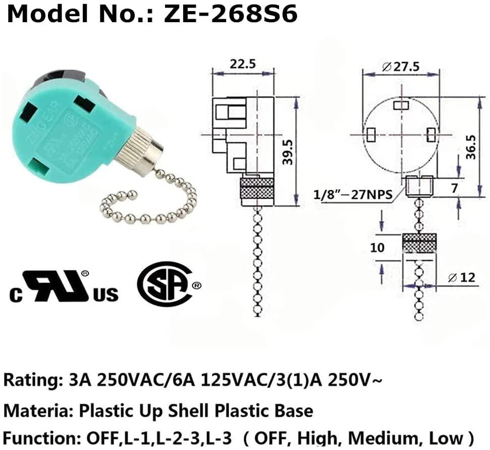 Ceiling Fan Switch 3 Speed 4 Wire ZE-268S6 ZING EAR Wall light Rotary Pull Chain Cord Switch Control Replacement Speed Control 4 Wire Switch for Ceiling Fans Nickel