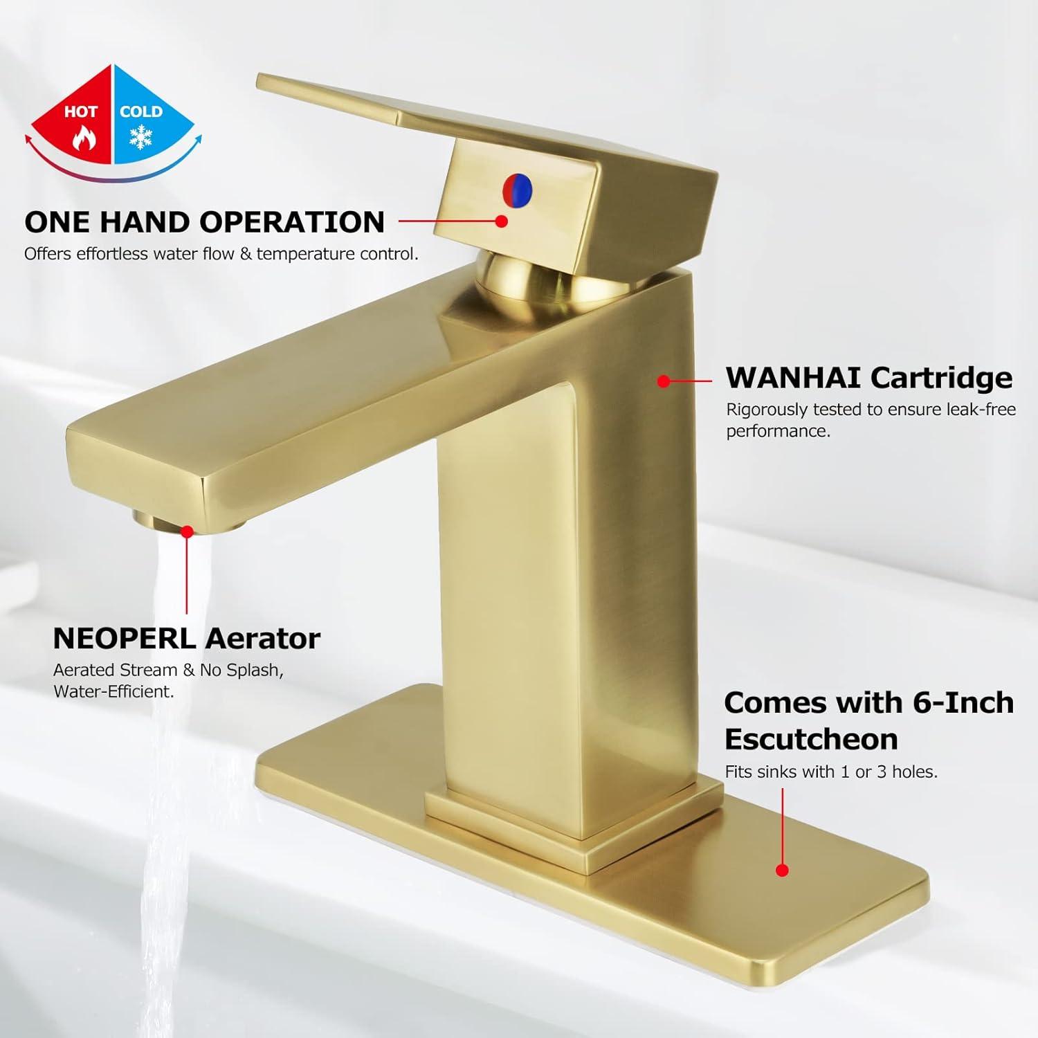 Brass Bathroom Sink Faucet Single Handle Lavatory Vanity Mixer Tap 1 Hole with Deck Plate, Metal Pop-up Drain Assembly & Water Supply Lines (Brushed Gold)