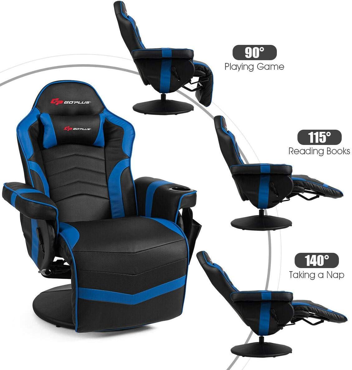 Costway Massage Gaming Recliner Reclining Racing Chair Swivel Blue