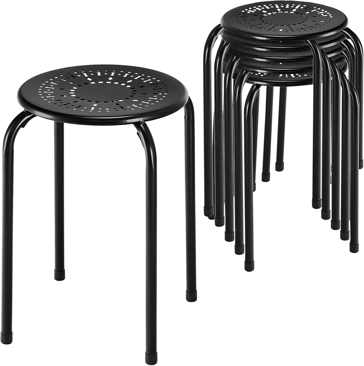 6-Pack Steel Stack Stools, 17.5-Inch Height Portable Stackable Backless School Stools with Daisy Design, Round Classroom Decoration Stools Set of 6 for Kids Children Students, Black