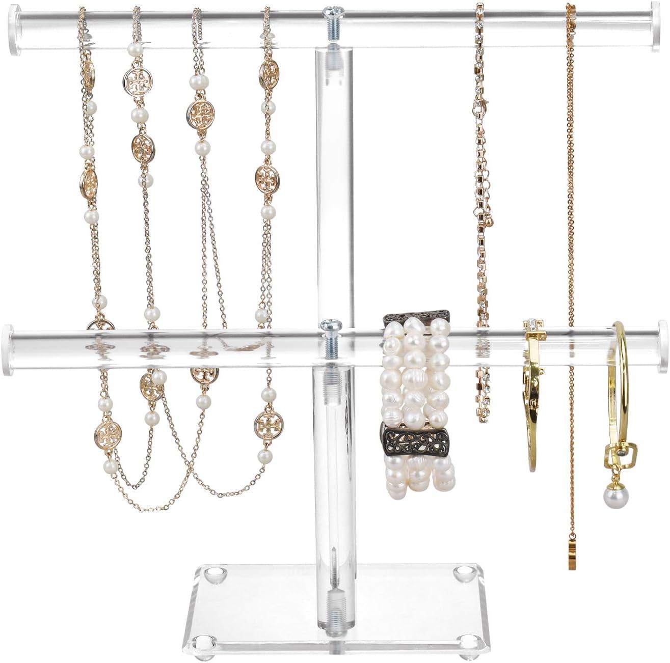 Premium Jewelry Stand , Solid Clear 2-Tier Acrylic Jewelry Organizer Stand & Bracelet holder Stand for Necklace Display, Ring & Watch Display