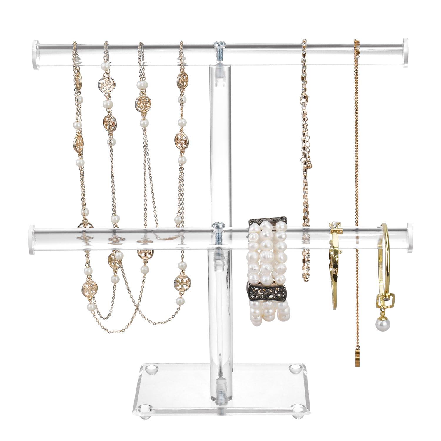 Premium Jewelry Stand , Solid Clear 2-Tier Acrylic Jewelry Organizer Stand & Bracelet holder Stand for Necklace Display, Ring & Watch Display