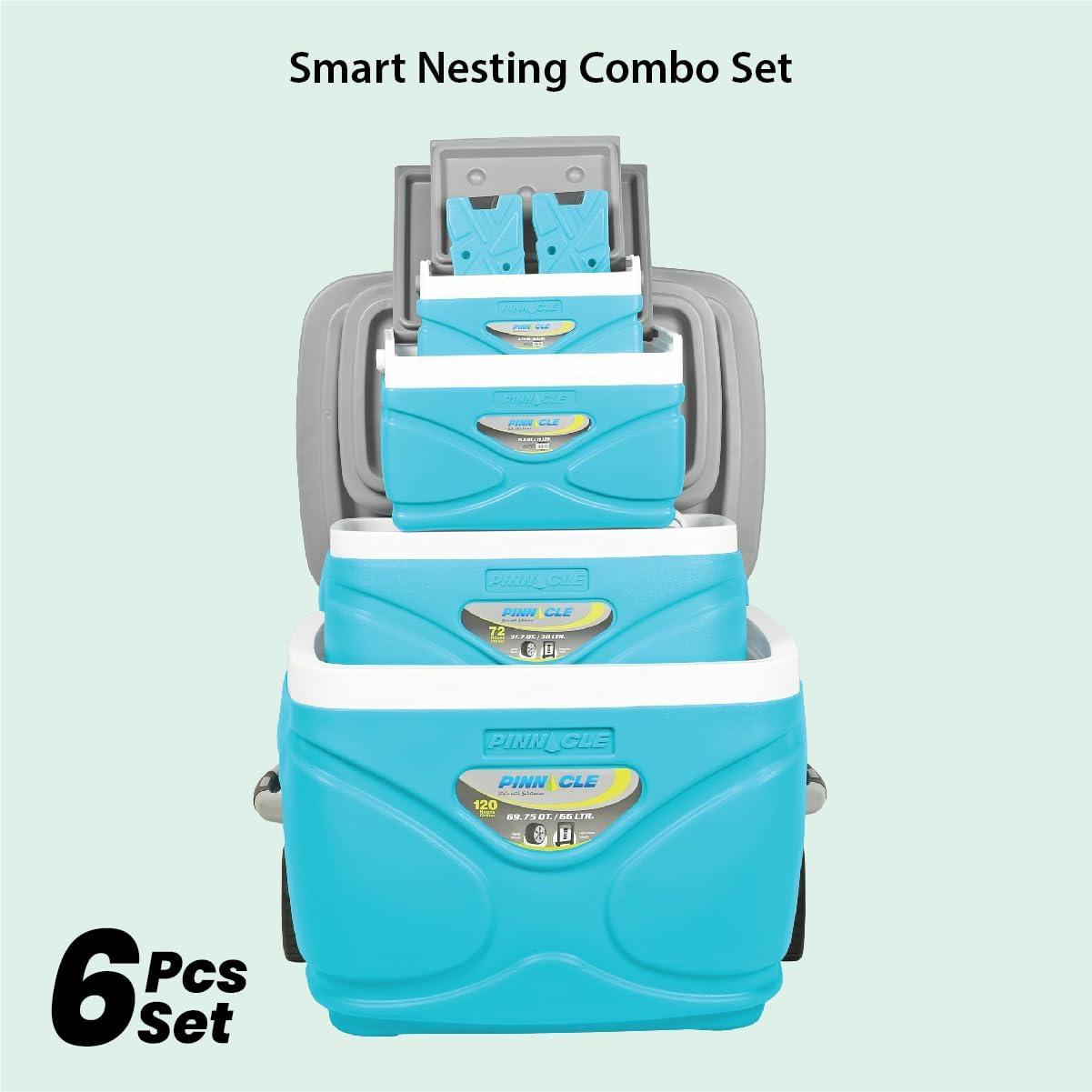 Pinnacle Cooler with Wheels – Practical Set of 30L Cooler with Wheels and Handle – Includes Smaller 11L and 4.5L Camping Coolers and 2 Ice Bricks – Cup Holder and Sitting Lid – Extended Cooling Time