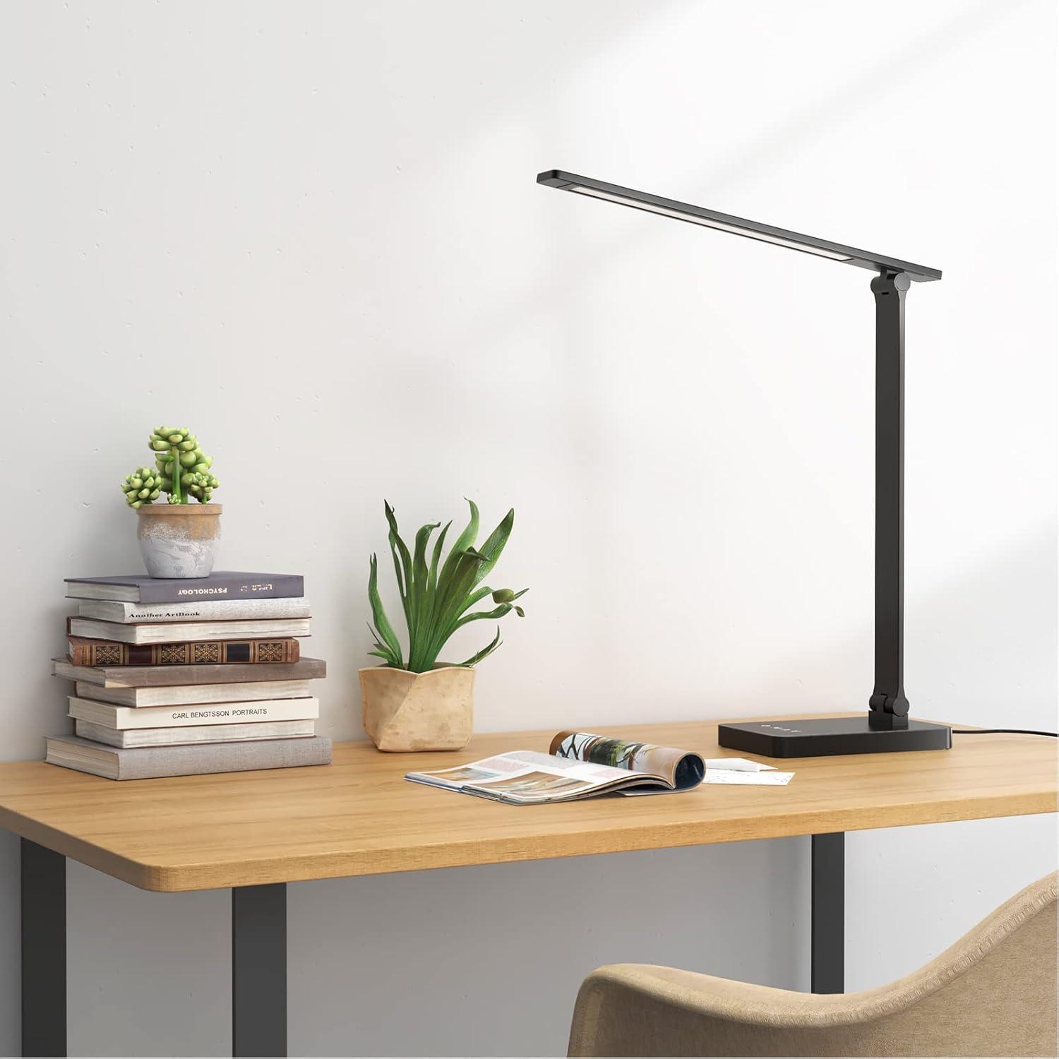 Lepro LED Desk Lamp with USB Charging Port,650LM Dimmable Home Office Touch Control Reading Table Lamp,5 Color Modes with 5 Brightness,College Dorm Room Essentials, Eye Caring, Sewing, Crafting, Black