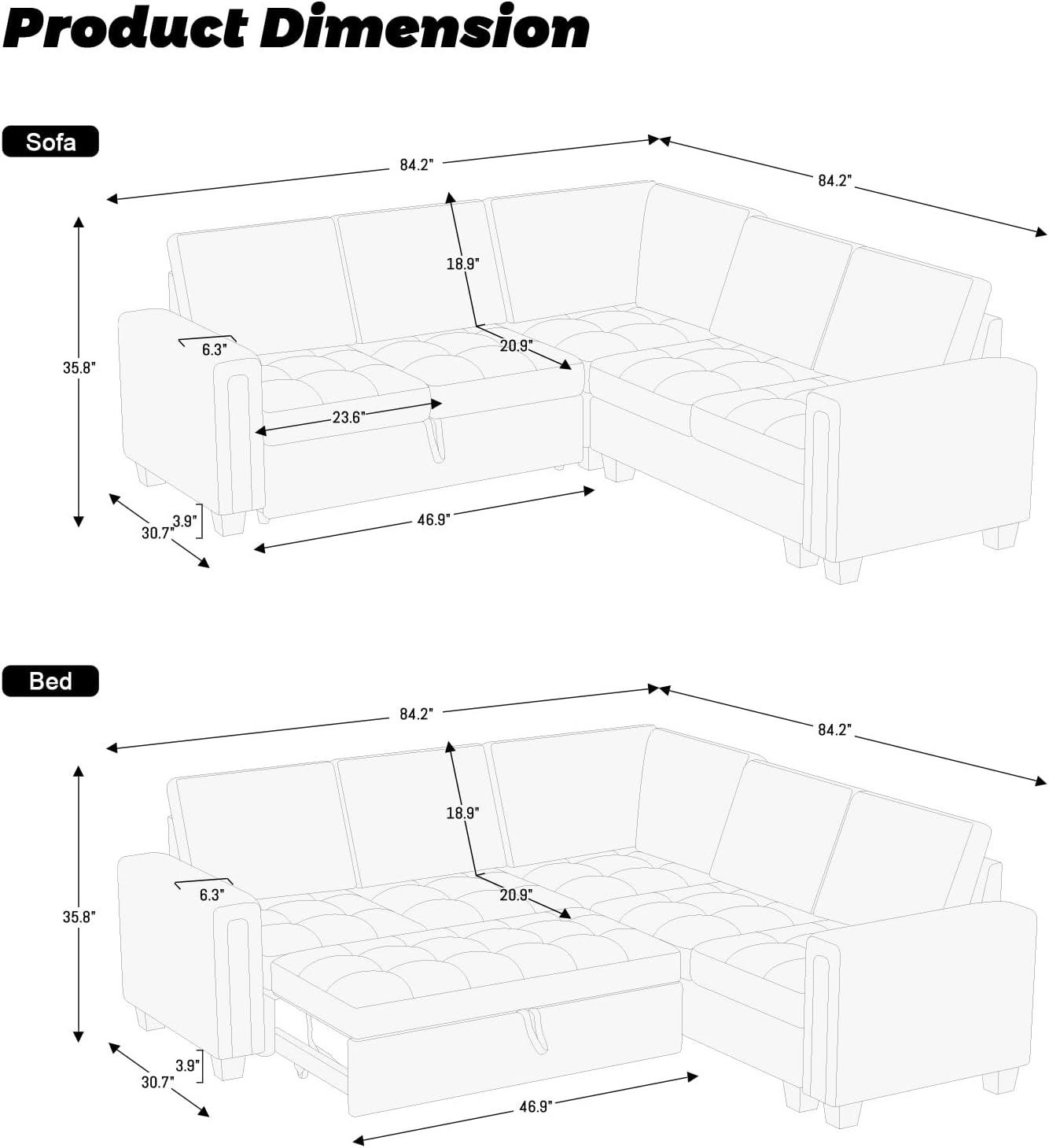 Velvet Modular Sectional L-Shaped Sleeper Sofa Bed For Apartment