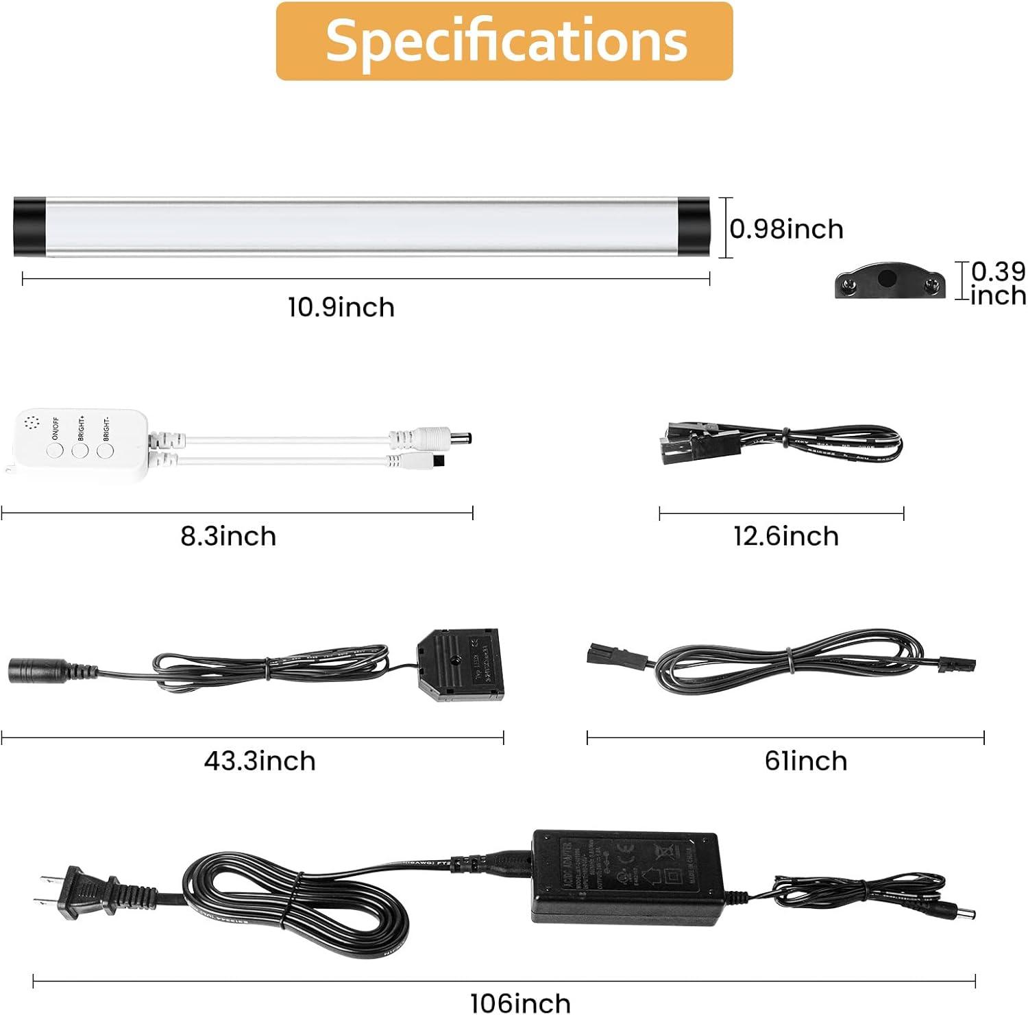 Under Cabinet Lights Kit, LED Smart Dimmable Strip Lighting Fixtures, 24V Plug in Linkable Bar LED Counter Lights for Pantry, Kitchen, Shelf, Bookcases, Showcase (10 PCS, Cold White)