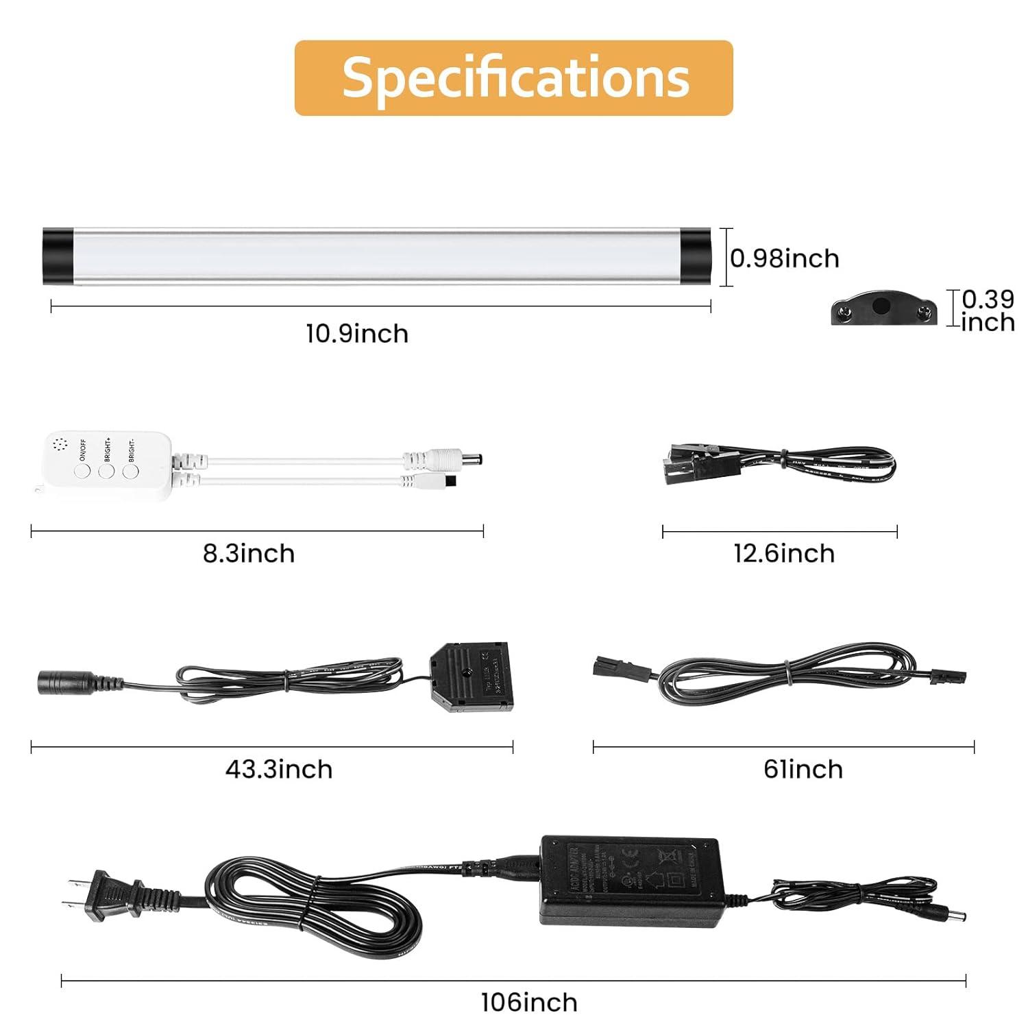 Under Cabinet Lights Kit, LED Smart Dimmable Strip Lighting Fixtures, 24V Plug in Linkable Bar LED Counter Lights for Pantry, Kitchen, Shelf, Bookcases, Showcase (10 PCS, Cold White)