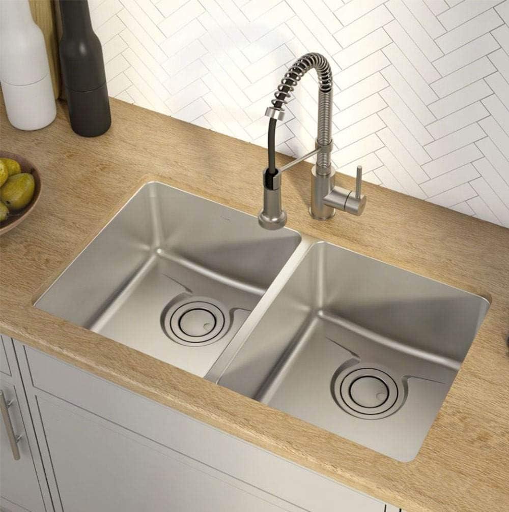 Dex™️ Series KRAUS 33-inch L Undermount 50/50 Double Bowl TRU16 Gauge Stainless Steel Kitchen Sink with DrainAssure WaterWay