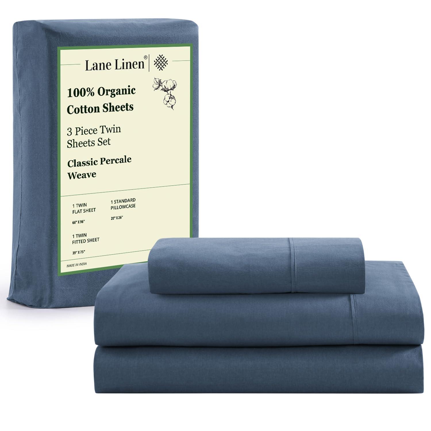 LANE LINEN 100% Organic Cotton Sheets Twin Size, Mercerized Cotton Fully Elasticized Soft & Comfy Bedding Sheets & Pillowcase Set, Good for Dorm Room, Deep Pocket Fully Elasticized Sheet- Navy