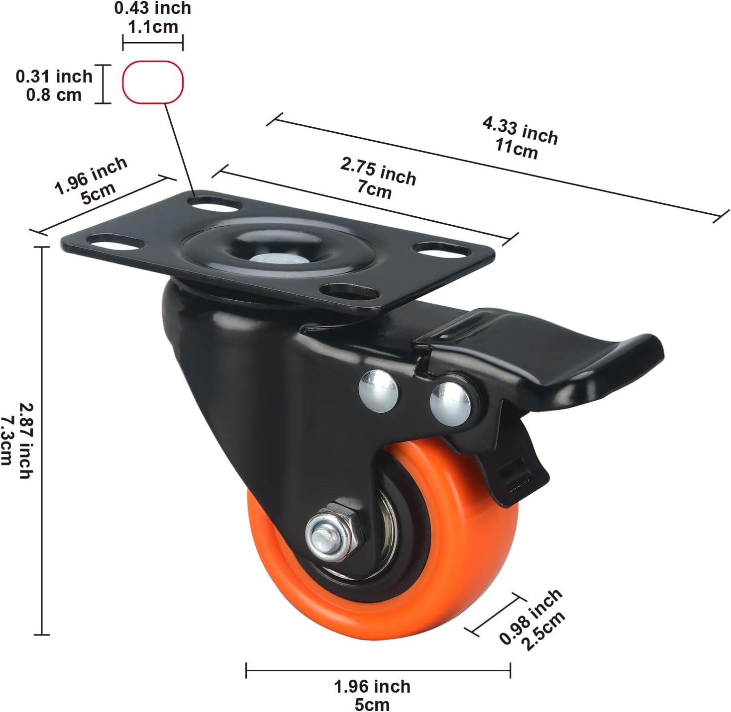 2" Heavy Duty Orange Polyurethane Swivel Plate Casters with Brake, Set of 4