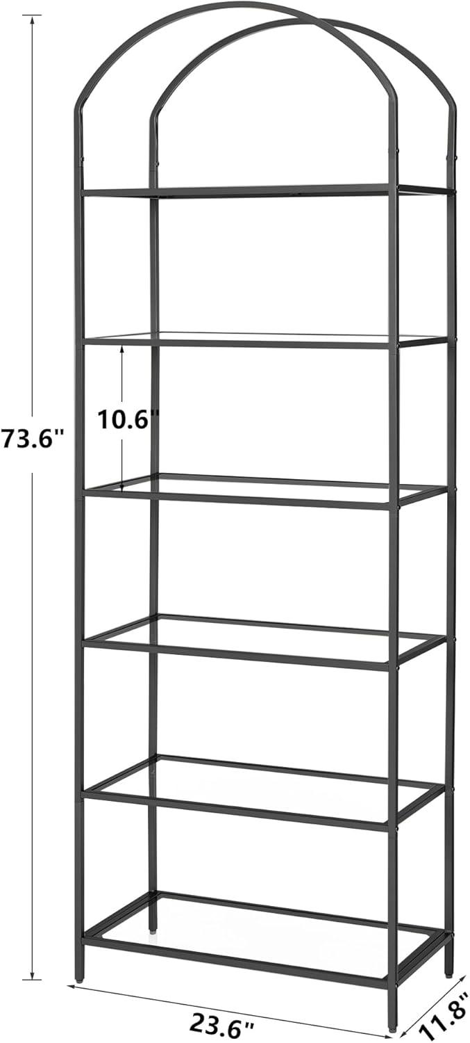 Bookcase Bookshelf, Tempered Glass Arched Bookshelf for More Storage, Slim Shelving Unit for Bedroom, Bathroom, Home Office, Steel Frame, 6 Tier Black BC20699B