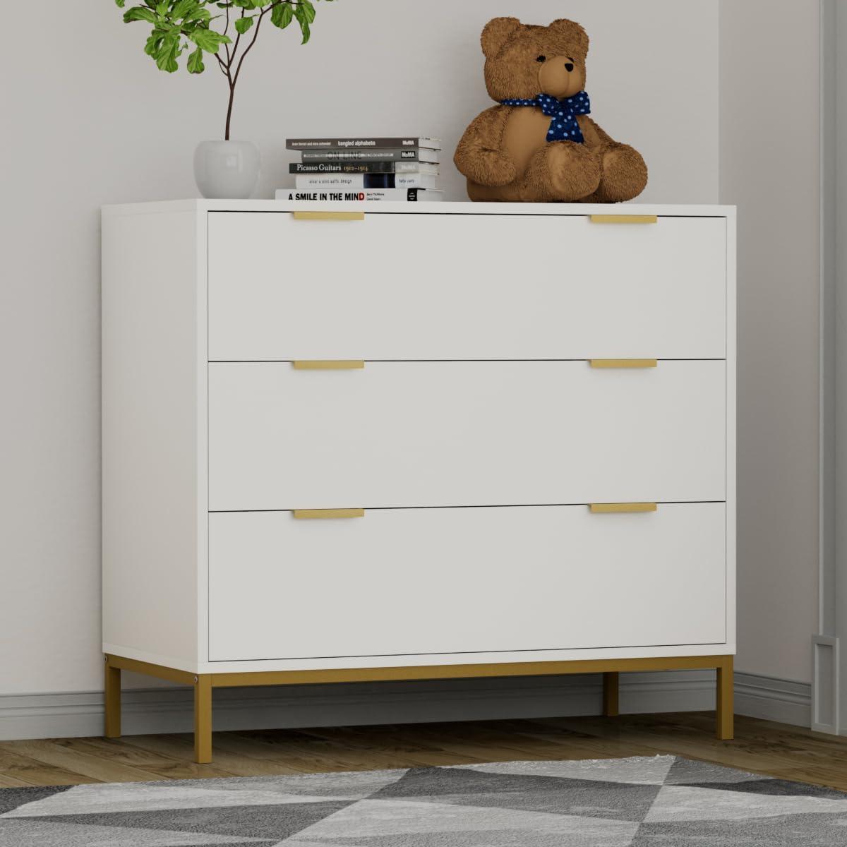 White MDF 3-Drawer Chest with Gold Accents