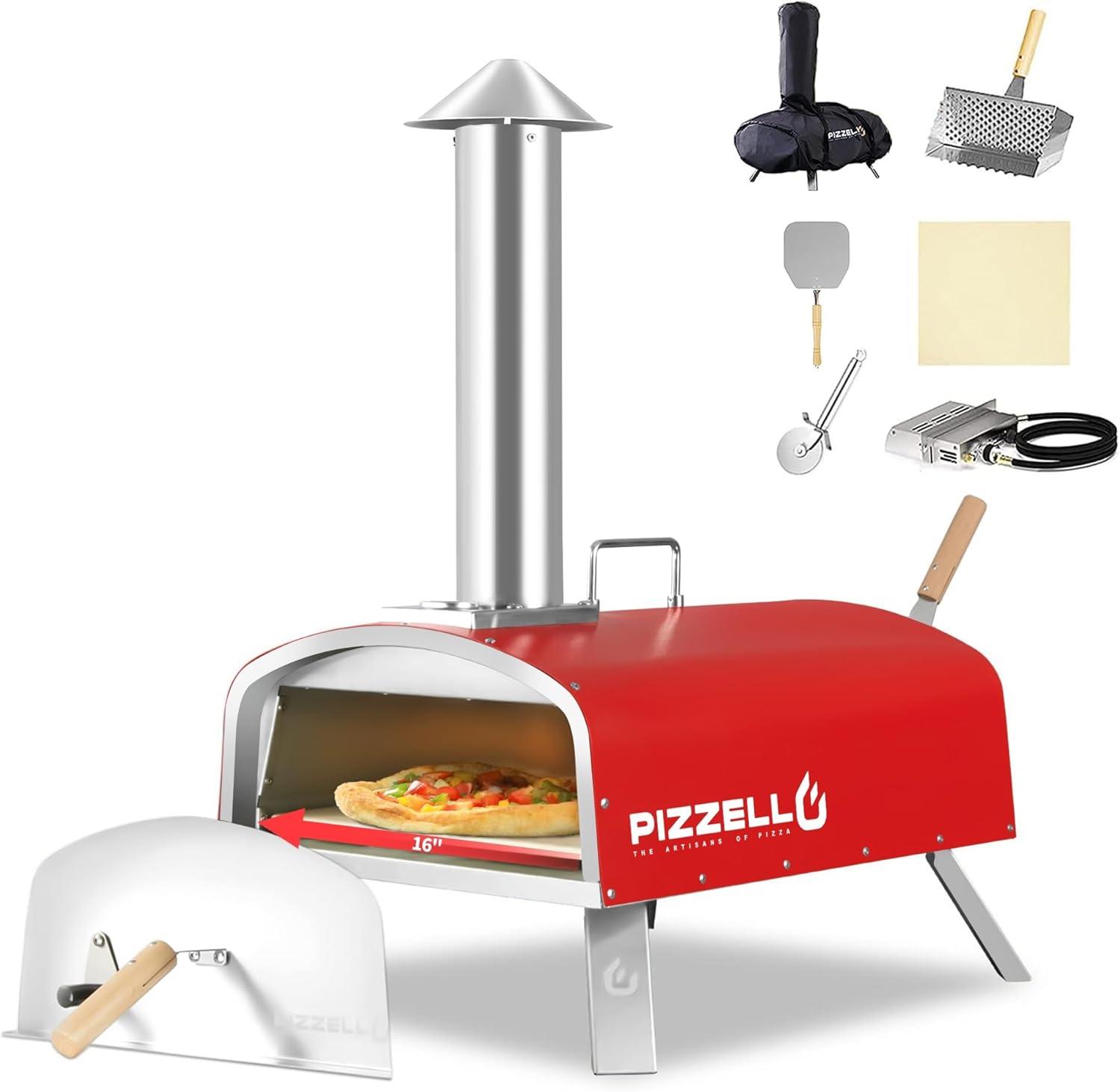 Outdoor Propane Pizza Oven Gas Wood 16" Pizza Maker Stove with Gas Burner, Thermometer, Wood Tray, Pizza Stone, Pizza Peel, Carry Bag, Red