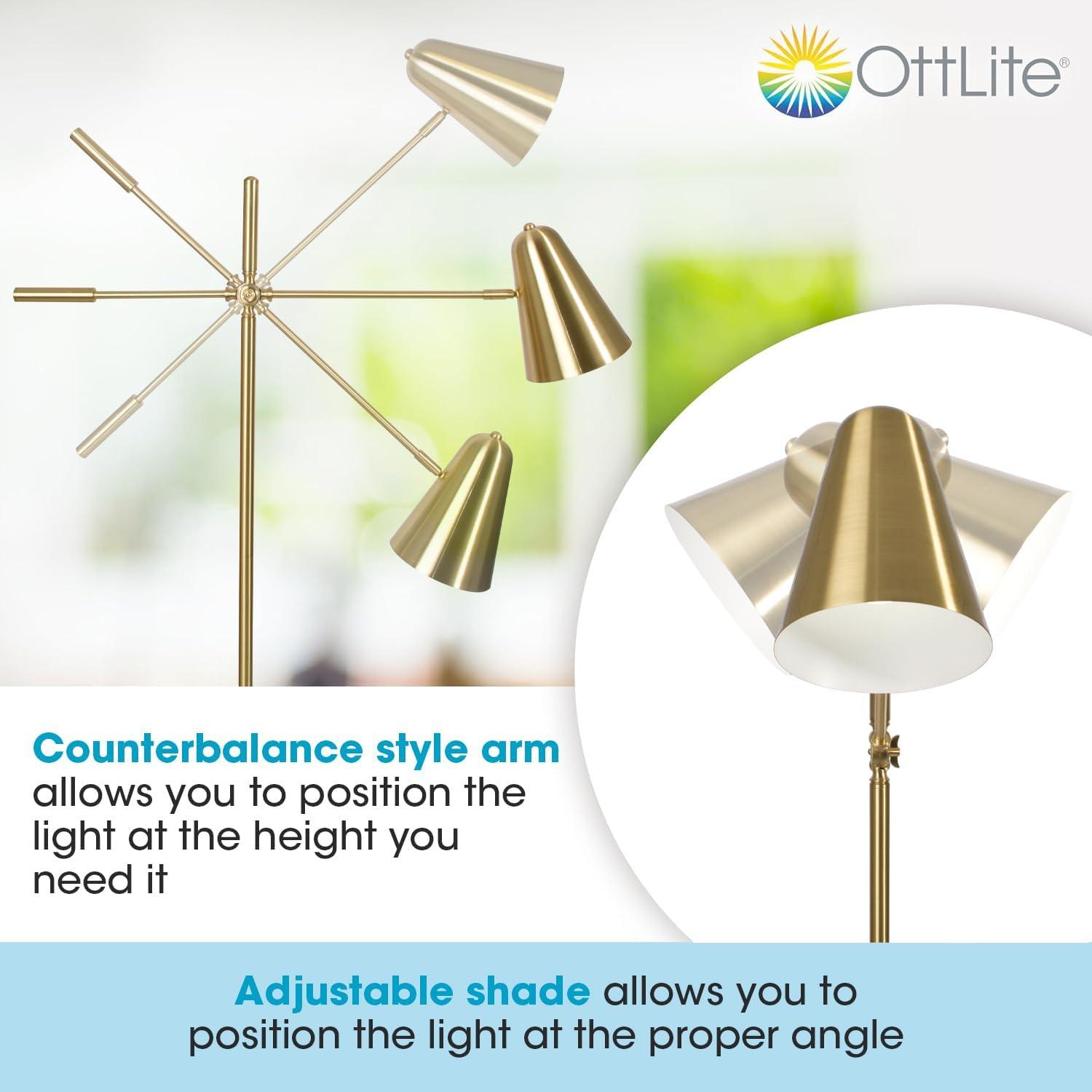 OttLite OttLite Archer Floor Lamp - Mid-Century Modern Design, Satin Brass Finish, LED, Adjustable Shade