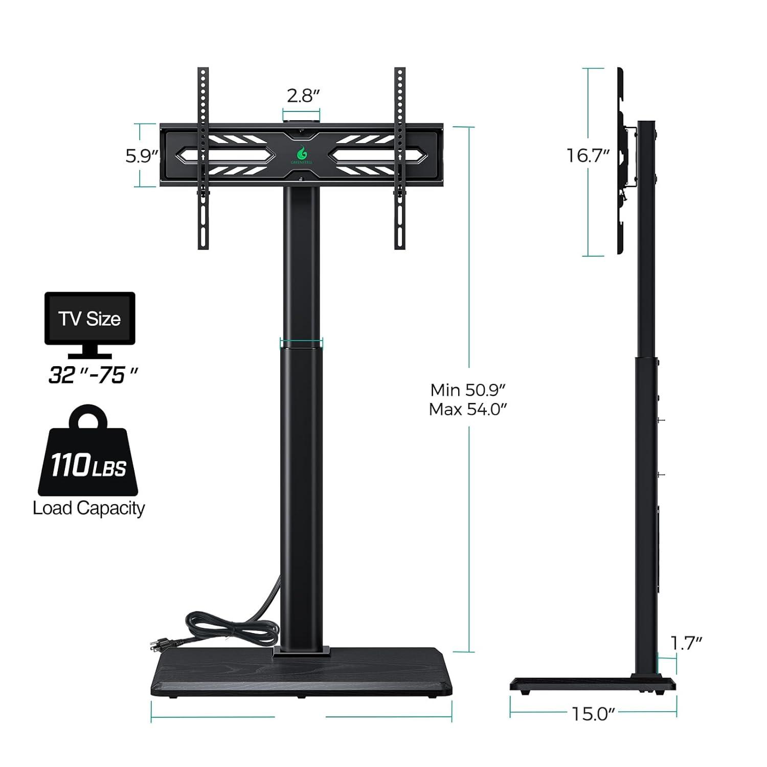Greenstell TV Stand with Power Outlet, Universal Floor TV Stand for 32-75 inch TVs, Height Adjustable, Swivel Tall TV Mount Stand with Wood Base, Holds up to 110 LBs, Max VESA 600x400mm