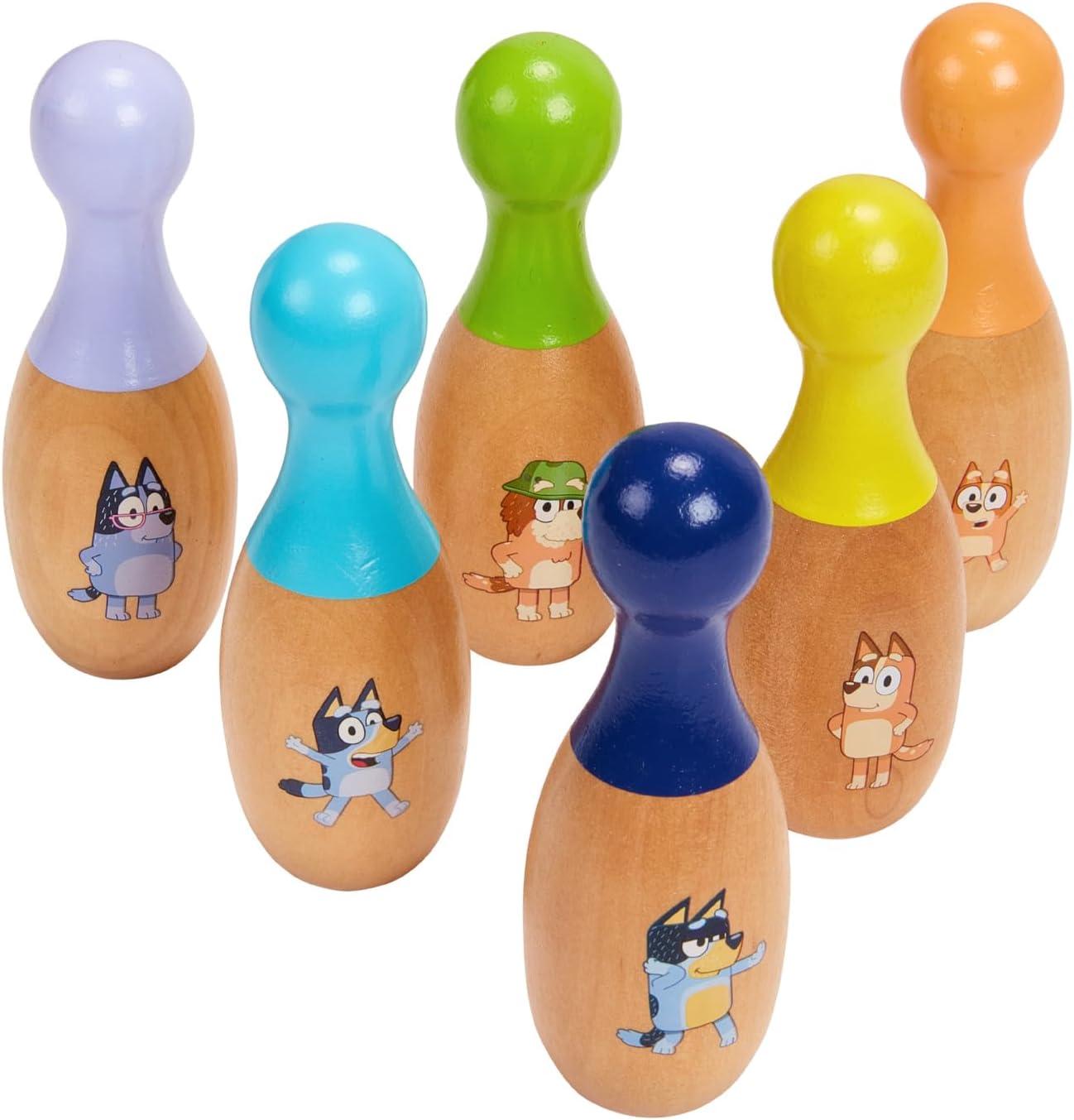Bluey Wooden Bowling Skittles Set, Indoor & Outdoor Bowling Play, 6 Pins and 1 Bowling Ball, Ages 3+