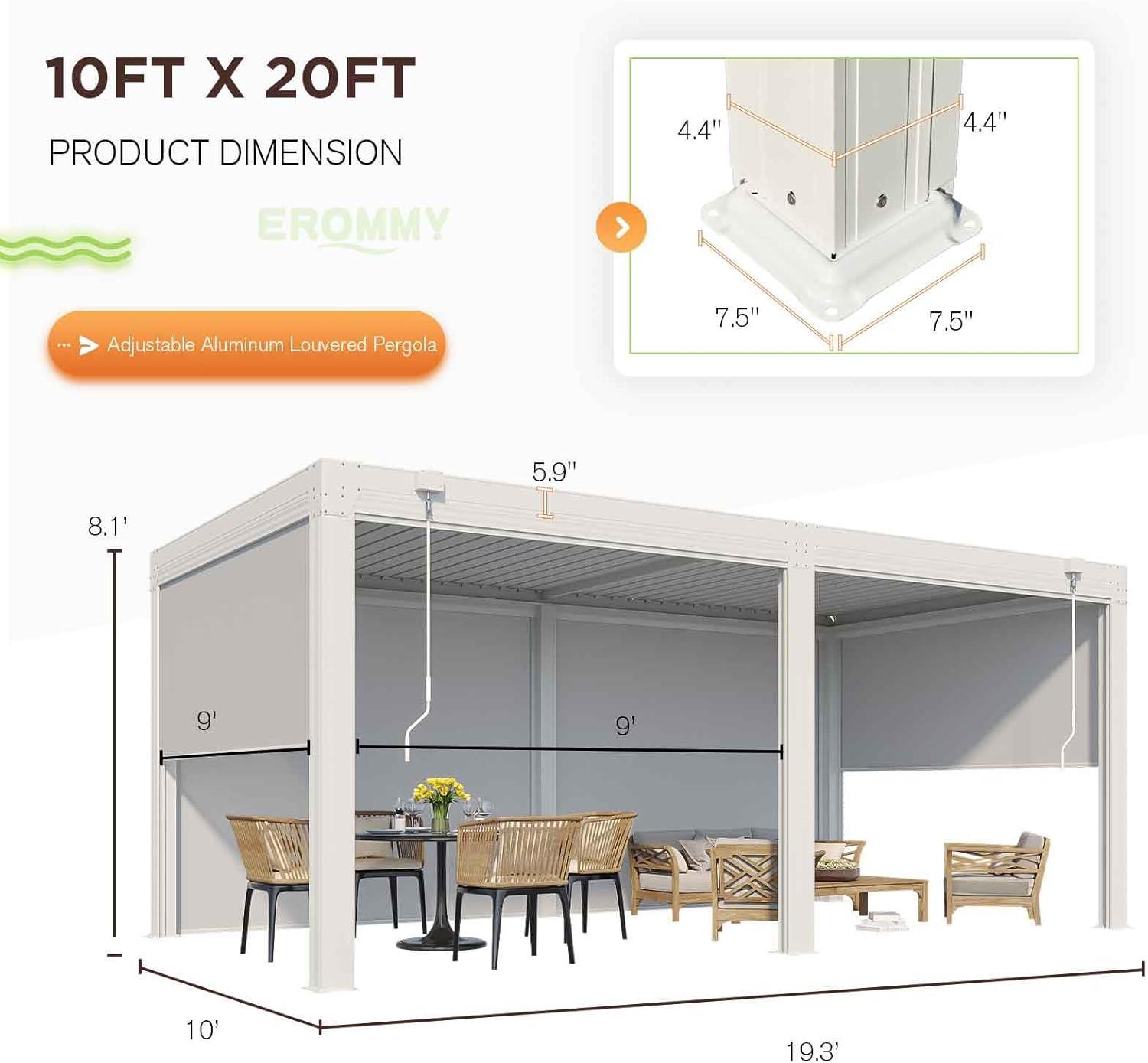 Erommy Outdoor Louvered Pergola Gazebo with Adjustable Aluminum Rainproof Roof and Pull-Down Screen 10' x 20' - White