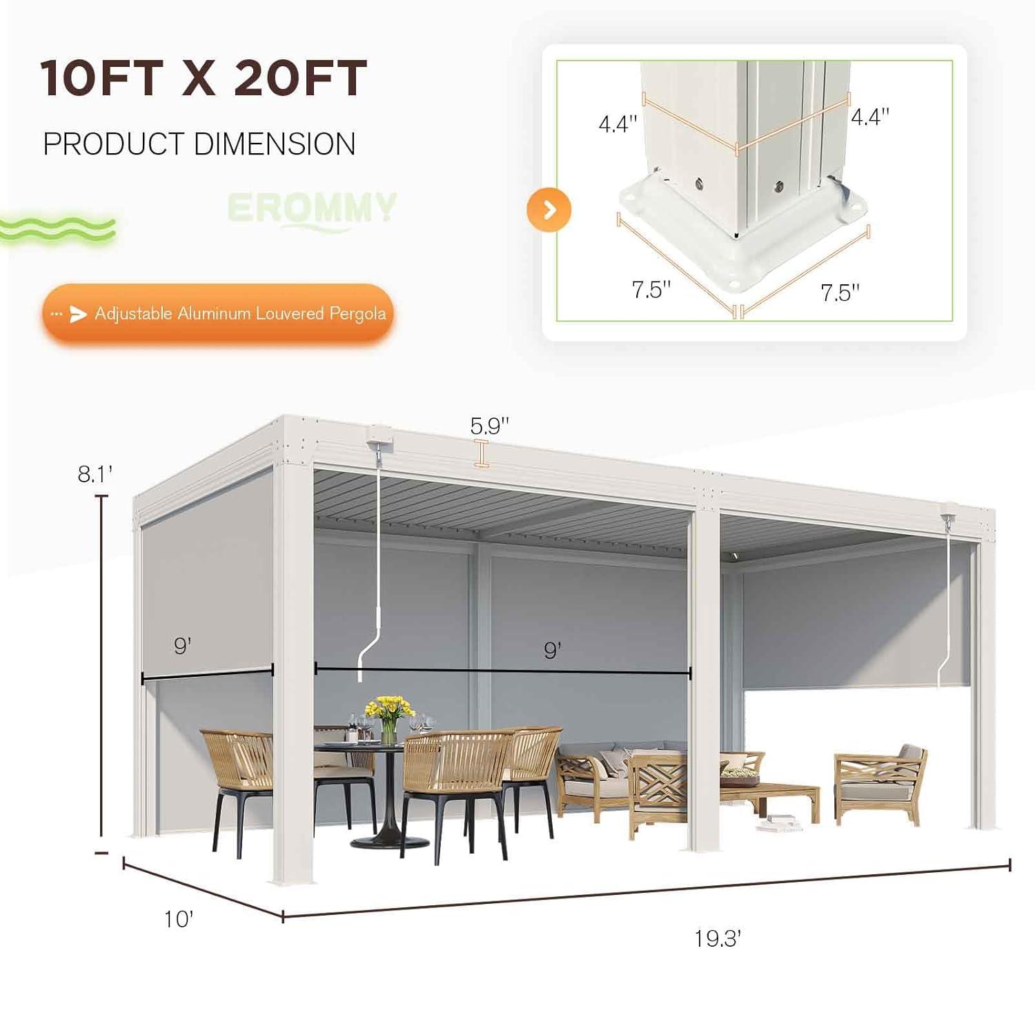 Erommy  Outdoor Louvered Pergola Gazebo with Adjustable Aluminum Rainproof Roof 10'x20' Pull Down - White