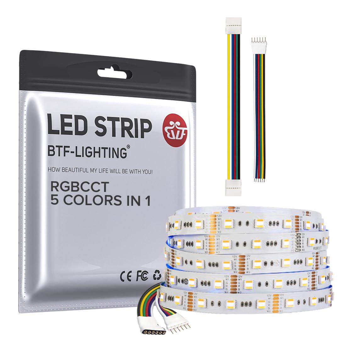 BTF-LIGHTING RGBCCT 5 Colors in 1 LED 5050SMD RGBWW RGB+Dimmable Tunable Color Temperature 2700K-6500K 16.4ft 60LEDs/m 300LEDs DC24V Multi-Colored Tape Lights IP30 White PCB(No Adapter or Controller)