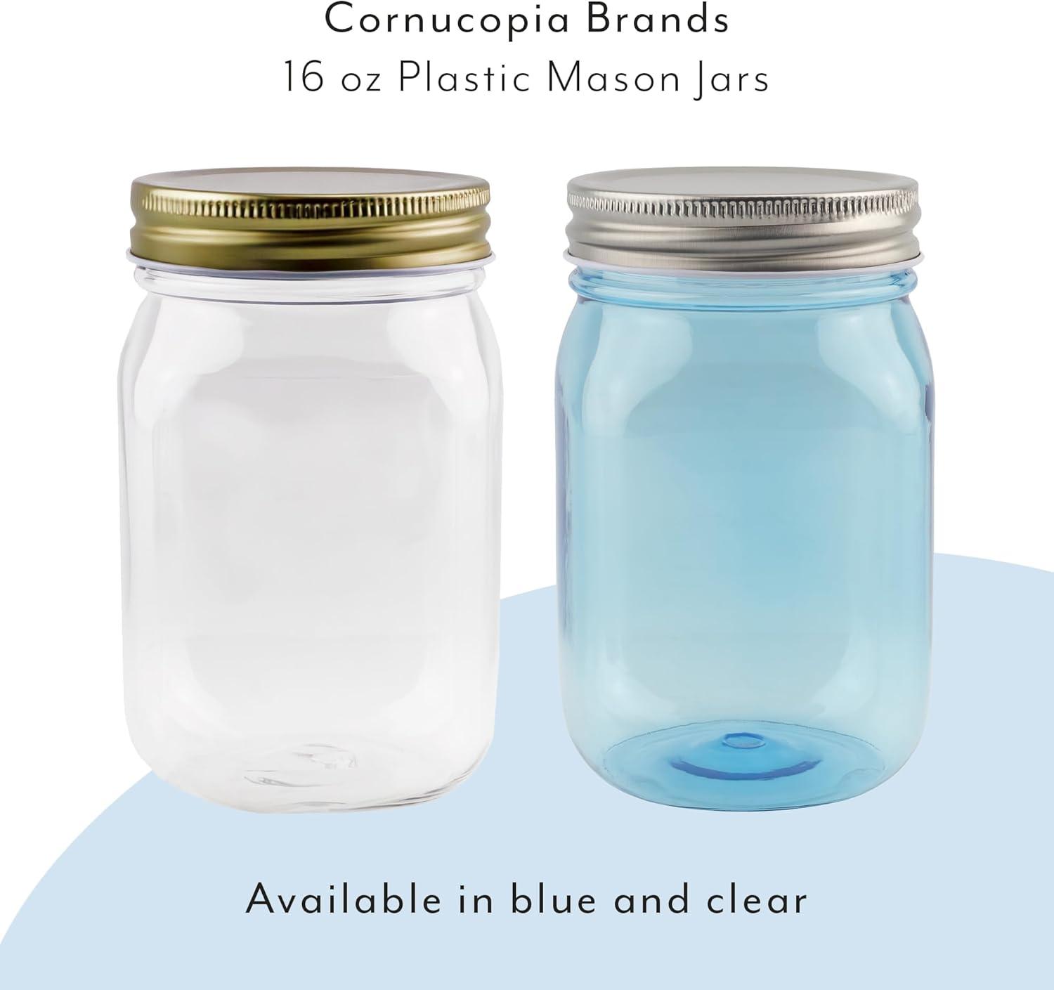 Cornucopia Brands 16oz Plastic Mason Jars 8pk, Blue/Silver; Mason Jar Style w/ Metal Lids, Pint Size, Compatible w/ Regular Mason Jar Lids