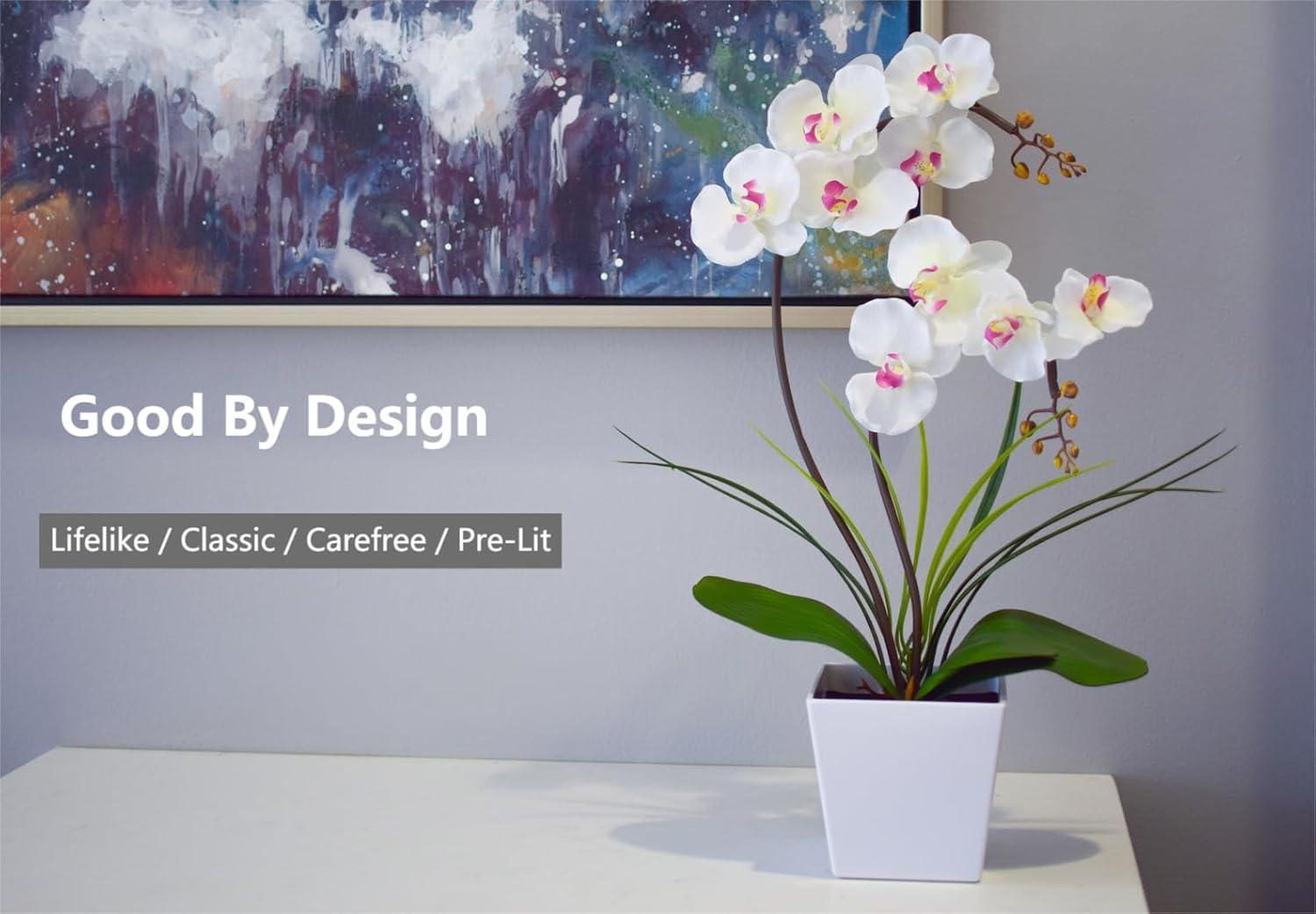 White LED Lighted Artificial Orchid Arrangement in Square Pot