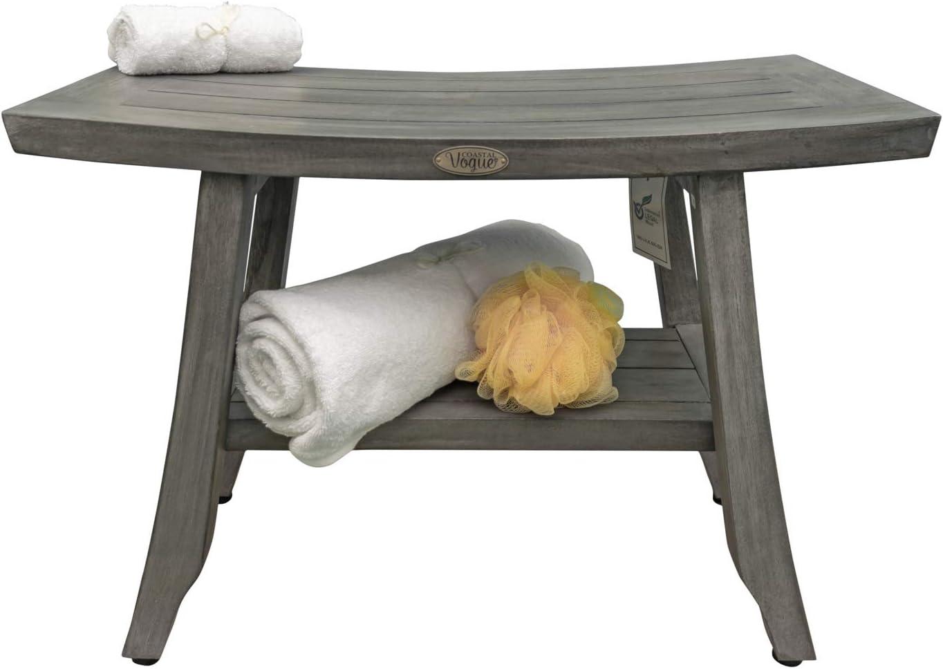 Satori Antique Gray 24" Teak Spa Shower Bench with Shelf