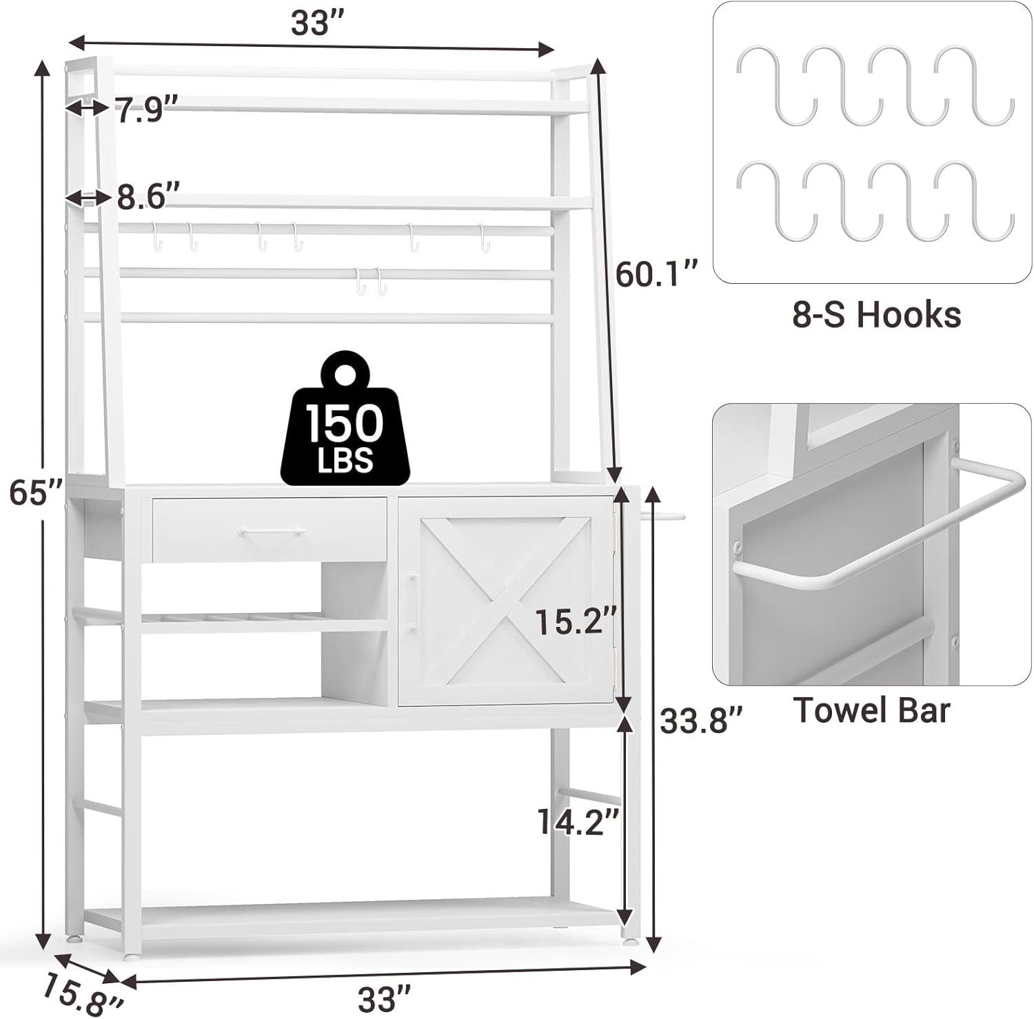 Afuhokles Baker's Rack, Coffee Bar Cabinet, Farmhouse Microwave Stand with Wine Rack, Storage Drawer and 8 Hooks for Kitchens with Storage, White