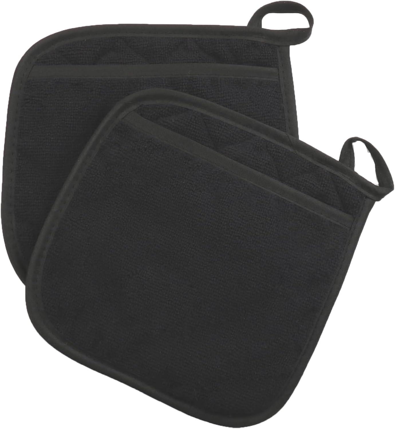 JINGYANG Premium Terry Pot Holders & Hot Pads with Pocket (2-Pack), 8.5"x7.75", High Heat Resistance, 100% Cotton, Black