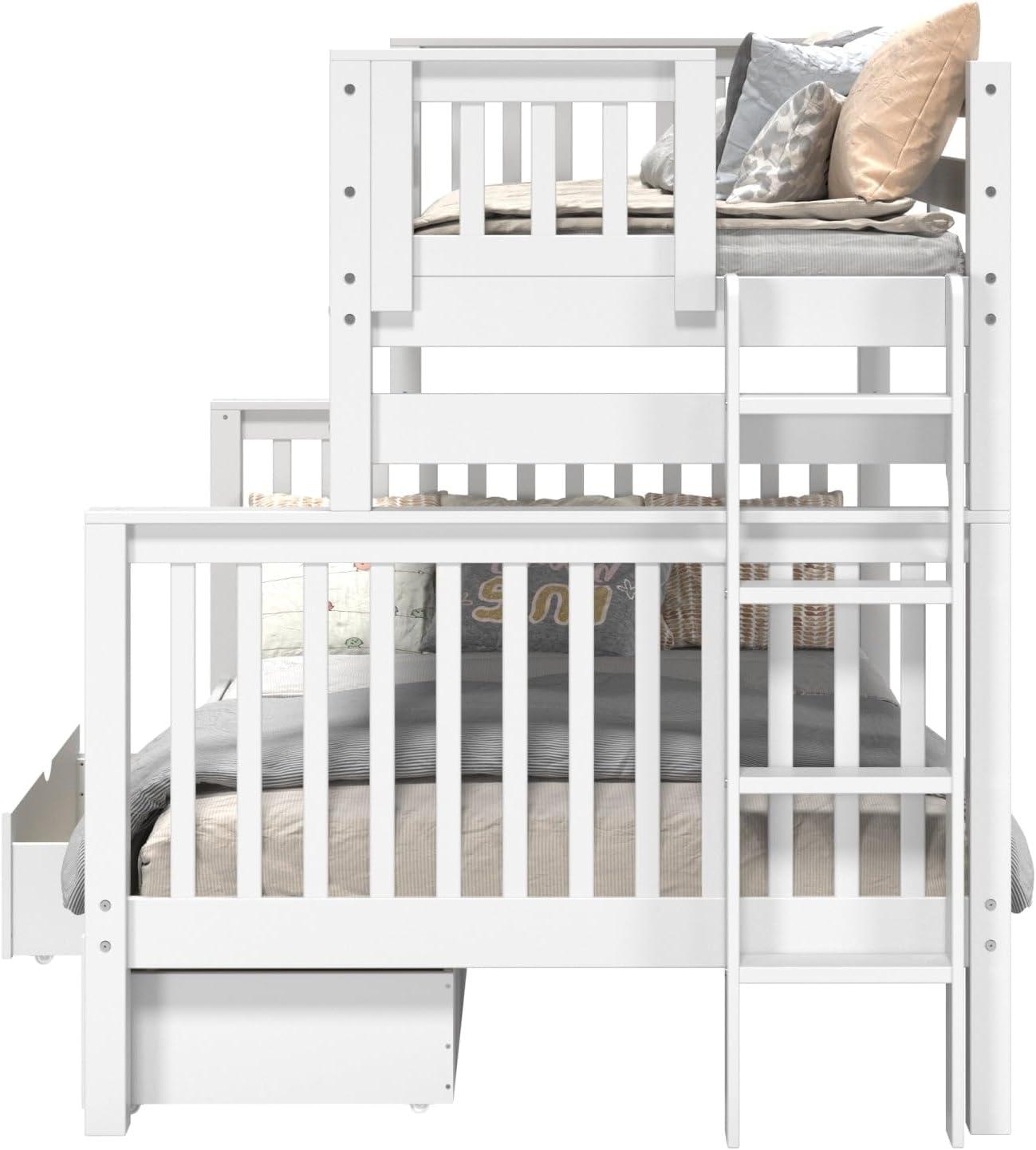 Bedz King Bunk Beds Twin over Full Mission Style with End Ladder and 2 Under Bed Drawers, White