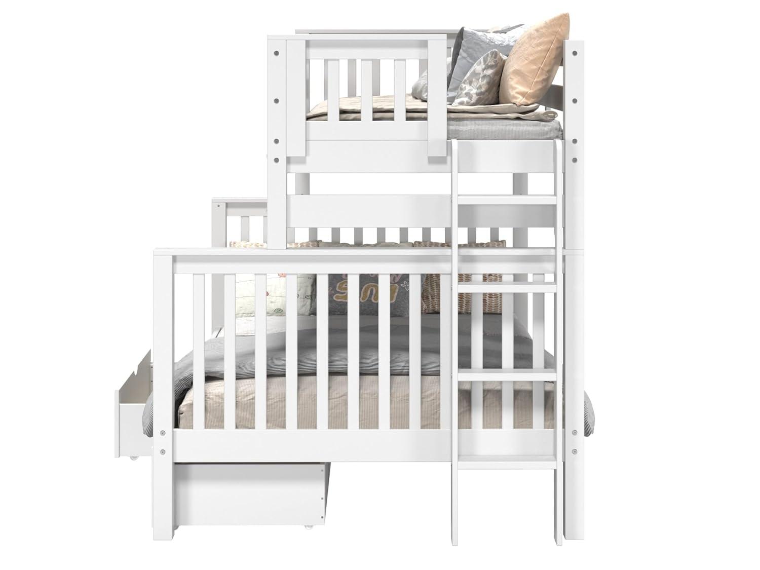 Bedz King Bunk Beds Twin over Full Mission Style with End Ladder and 2 Under Bed Drawers, White