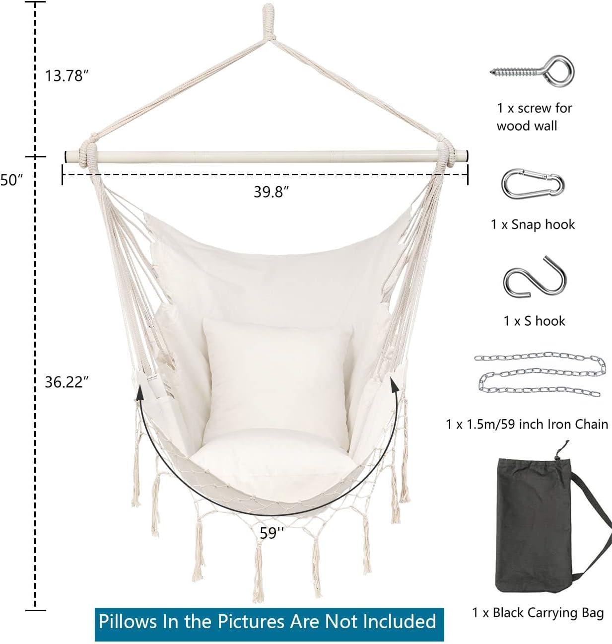 Jelofly Hammock Chair Large Hanging Rope Swing Seat Chair with Pocket Max 350 Lbs Superior Comfortable for Indoor Outdoor Home Bedroom Garden, Seat Cushions Not Included (Dark Grey)