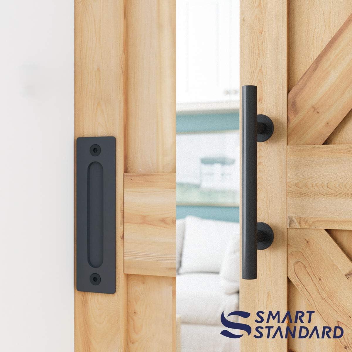 SMARTSTANDARD 8 FT Heavy Duty Sturdy Sliding Barn Door Hardware Kit, Black, (Whole Set includes 1x Pull Handle Set & 1x Floor Guide) Fit 42"-48" Wide Door Panel (I Shape Hanger)