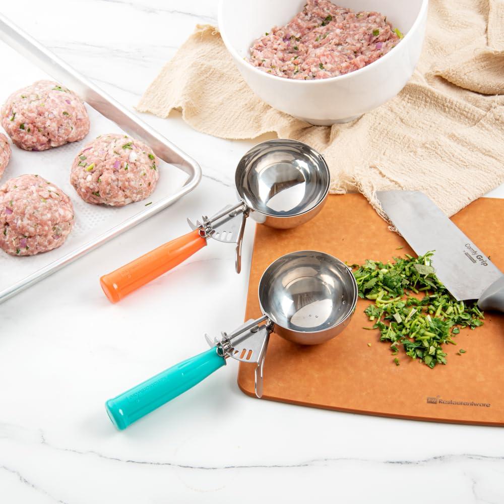 Restaurantware Met Lux 8 Ounce Portion Scoop 1 Durable Disher Scoop - Thumb Trigger Orange Stainless Steel Ice cream Disher For Portion Control For Ice Cream Mashed Potato And Cookie Batter