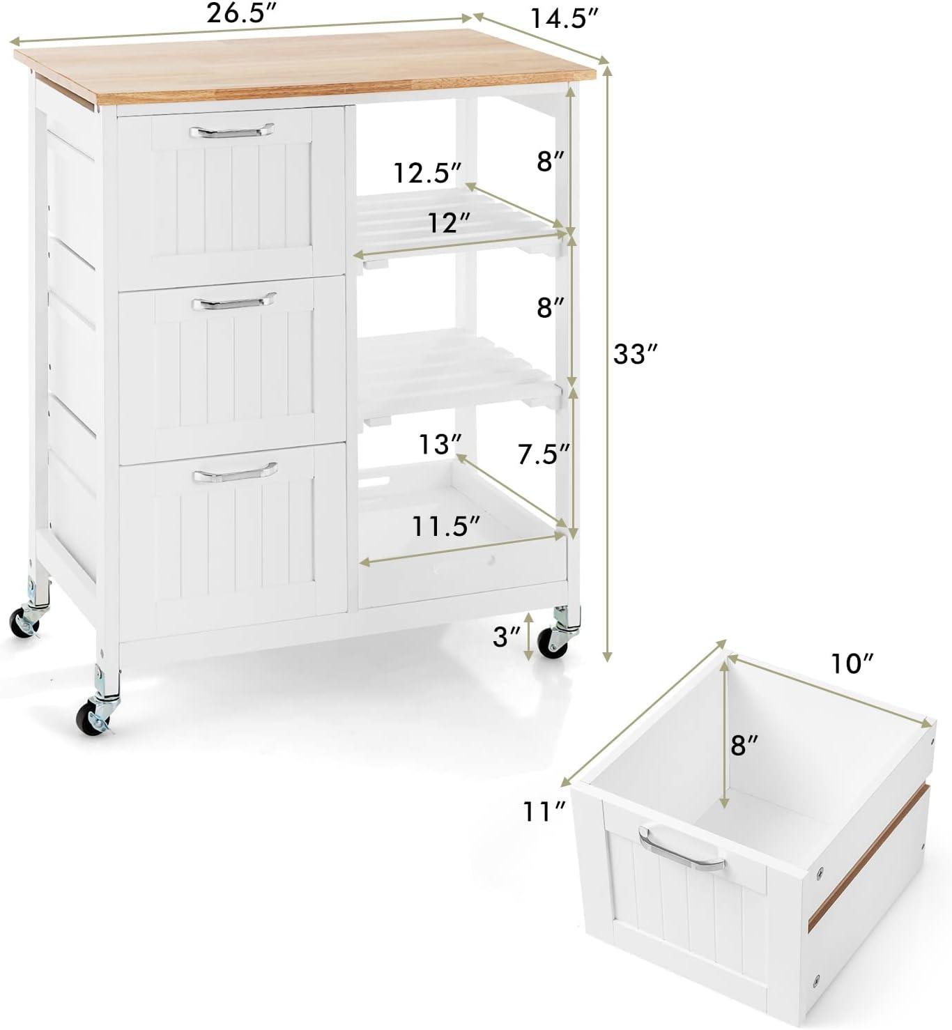 Kitchen Storage Island Cart on Wheels, Kitchen Rolling Trolley Cart with 3 Drawers and Shelves, 360° Wheels & Detachable Tray, Kitchen Island for Dining Room, Living Room & Bedroom