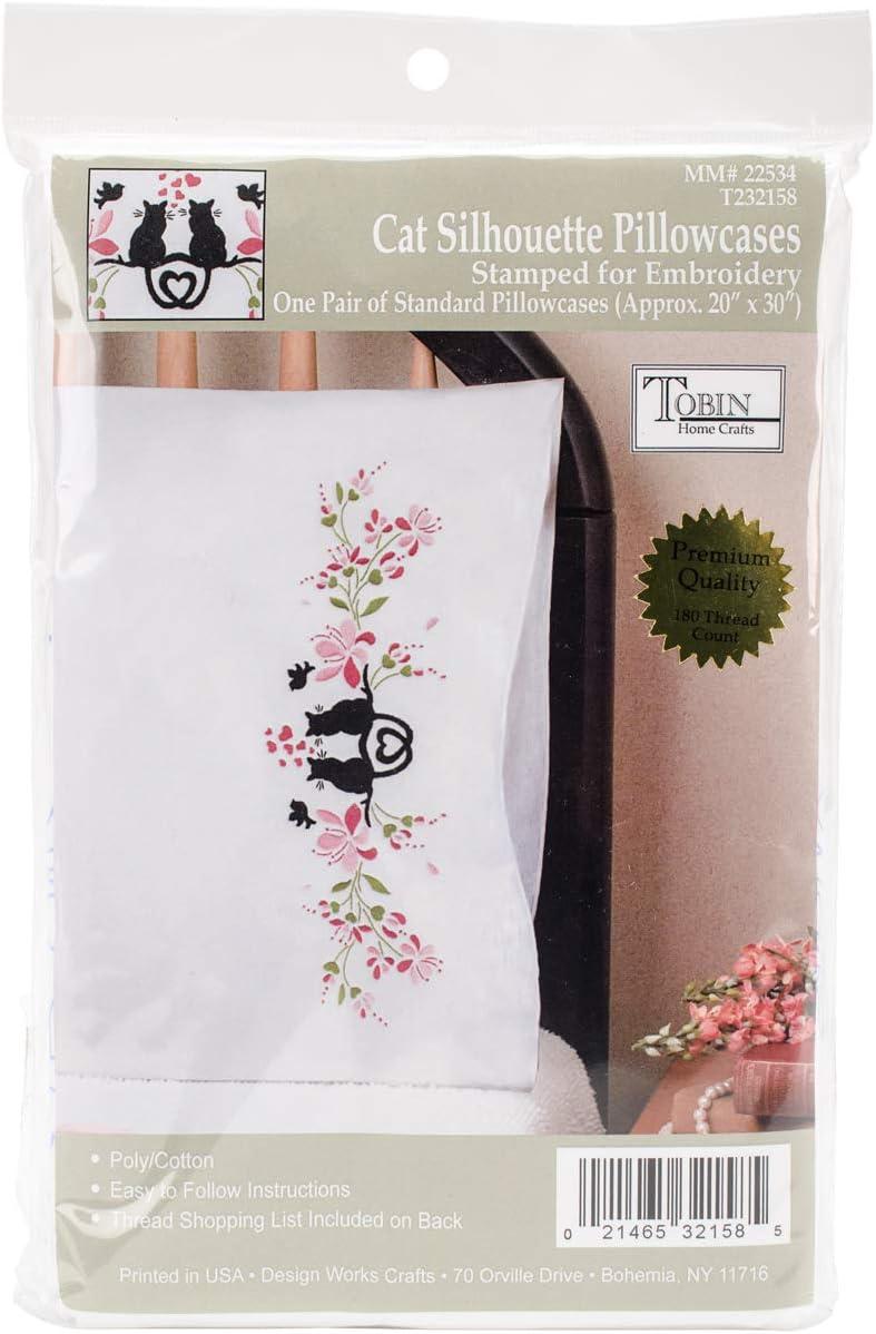 Cat Silhouette Embroidered White Cotton-Polyester Pillowcase Pair