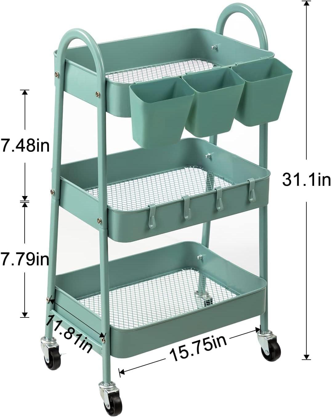 Green Metal 3-Tier Rolling Storage Cart with Lockable Wheels