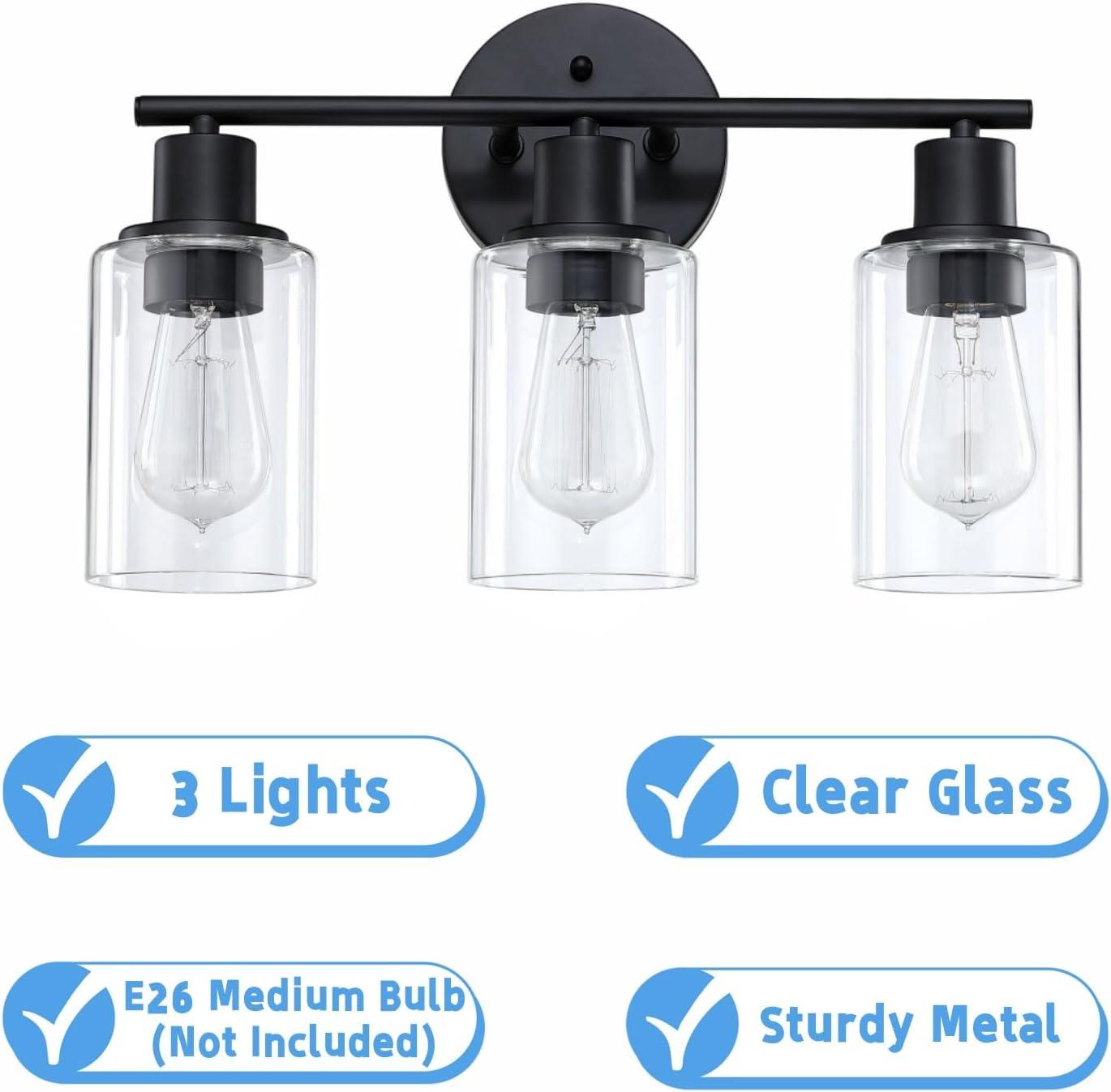 3-Light Bathroom Light Fixtures Bathroom Vanity Lights with Clear Glass Shades Matte Black Bathroom Light Fixtures over mirror for Mirror Living Room Cabinet Bedroom Porch