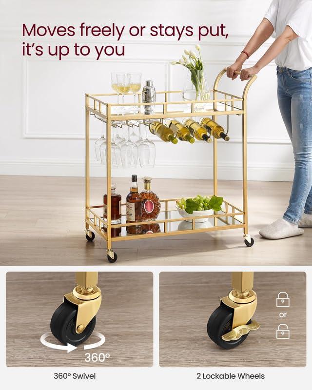VASAGLE Bar Cart Gold, Home Bar Serving Cart, Wine Cart with 2 Mirrored Shelves, Wine Holders, Glass Holders, for Kitchen, Dining Room, Gold ULRC092A62