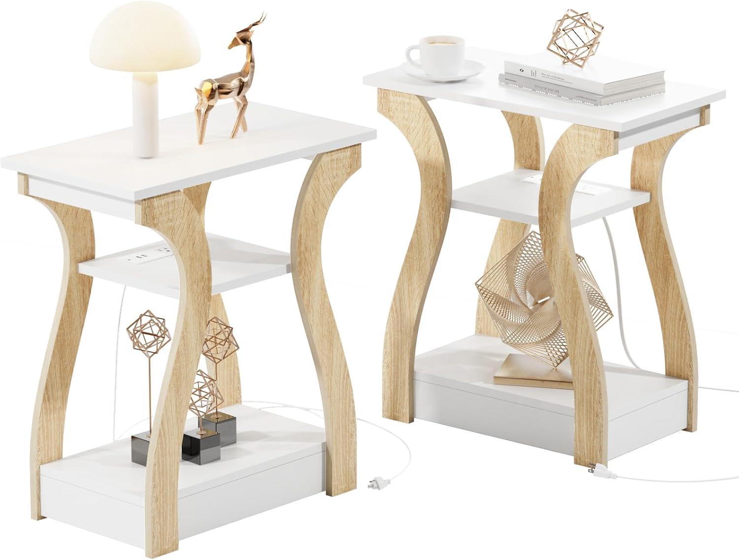 White 3-Tier End Table Set with Charging Station