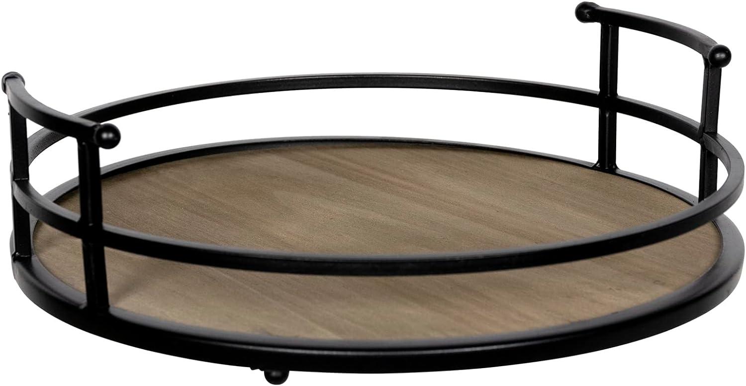 Black Metal and Wood Round Serving Tray with Handles