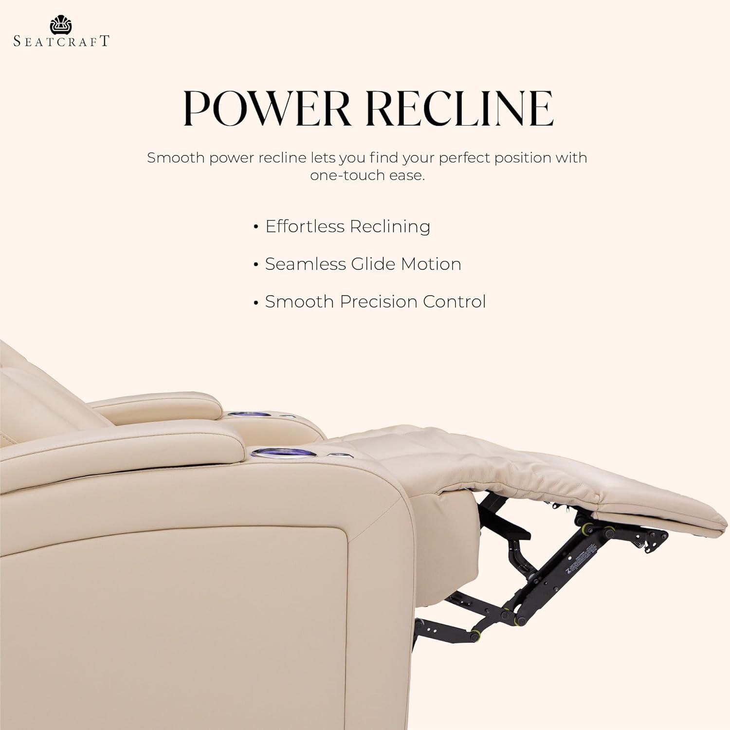 Seatcraft Serenity Italian Leather Home Theater Seating - Living Room - Power Recline - Tray Tables - in-Arm Storage - Ambient Base Lighting and Lighted Cupholders (Row of 4 Middle Loveseat, Cream)